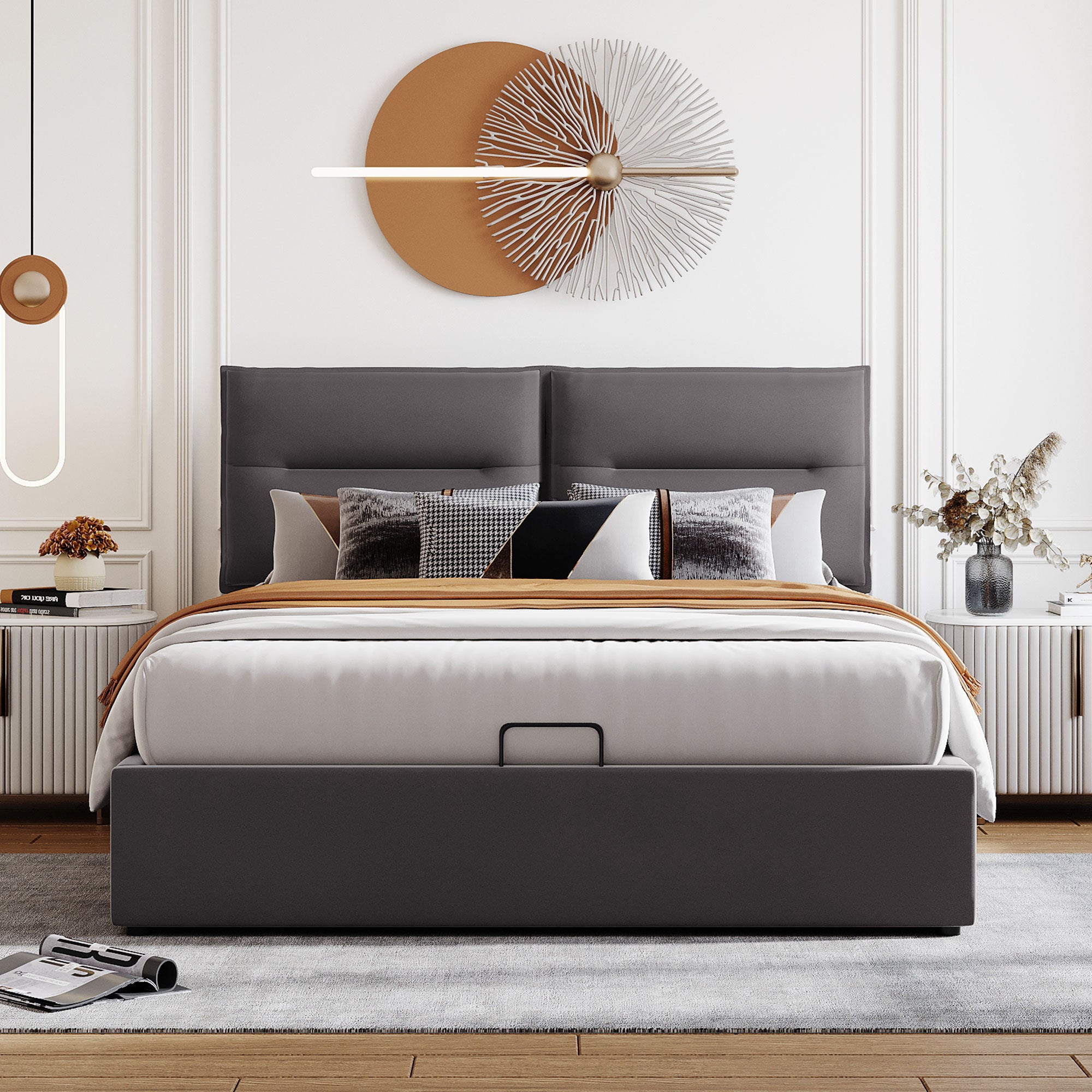 Upholstered Platform bed with a Hydraulic Storage System, Queen size, Gray - Atlantic Fine Furniture Melbourne FL