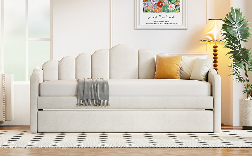 Twin size Upholstered Daybed with Trundle ,Velvet Sofabed with USB Charging Ports,No Box-spring Needed,Beige - Atlantic Fine Furniture Melbourne FL