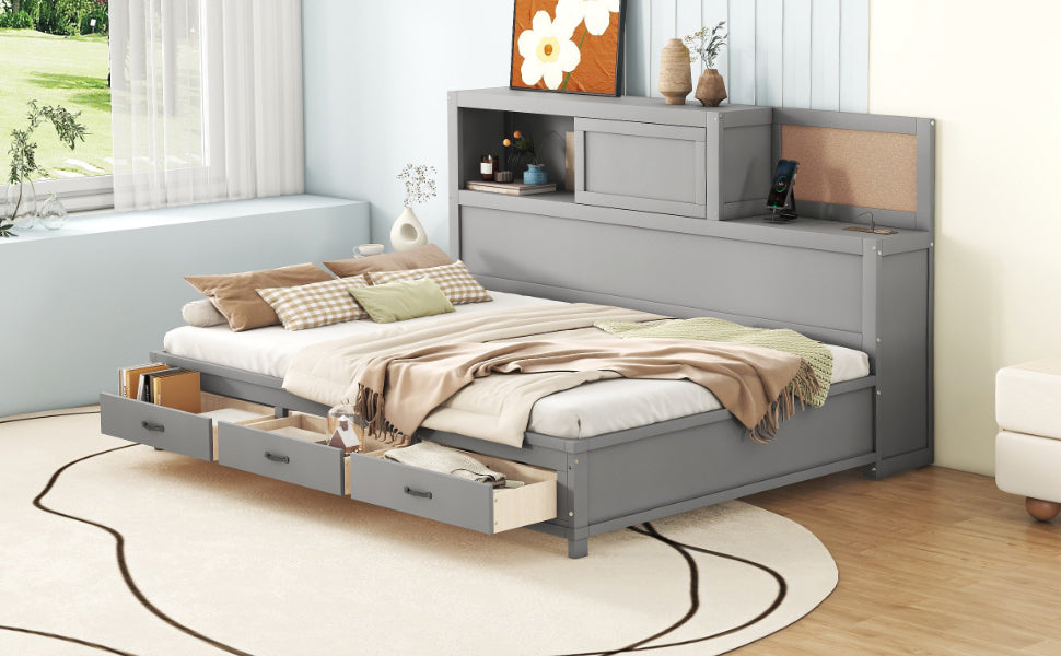 Full Size Wooden Daybed with 3 Storage Drawers, Upper Soft Board, shelf, and a set of Sockets and USB Ports, Gray - Atlantic Fine Furniture Melbourne FL