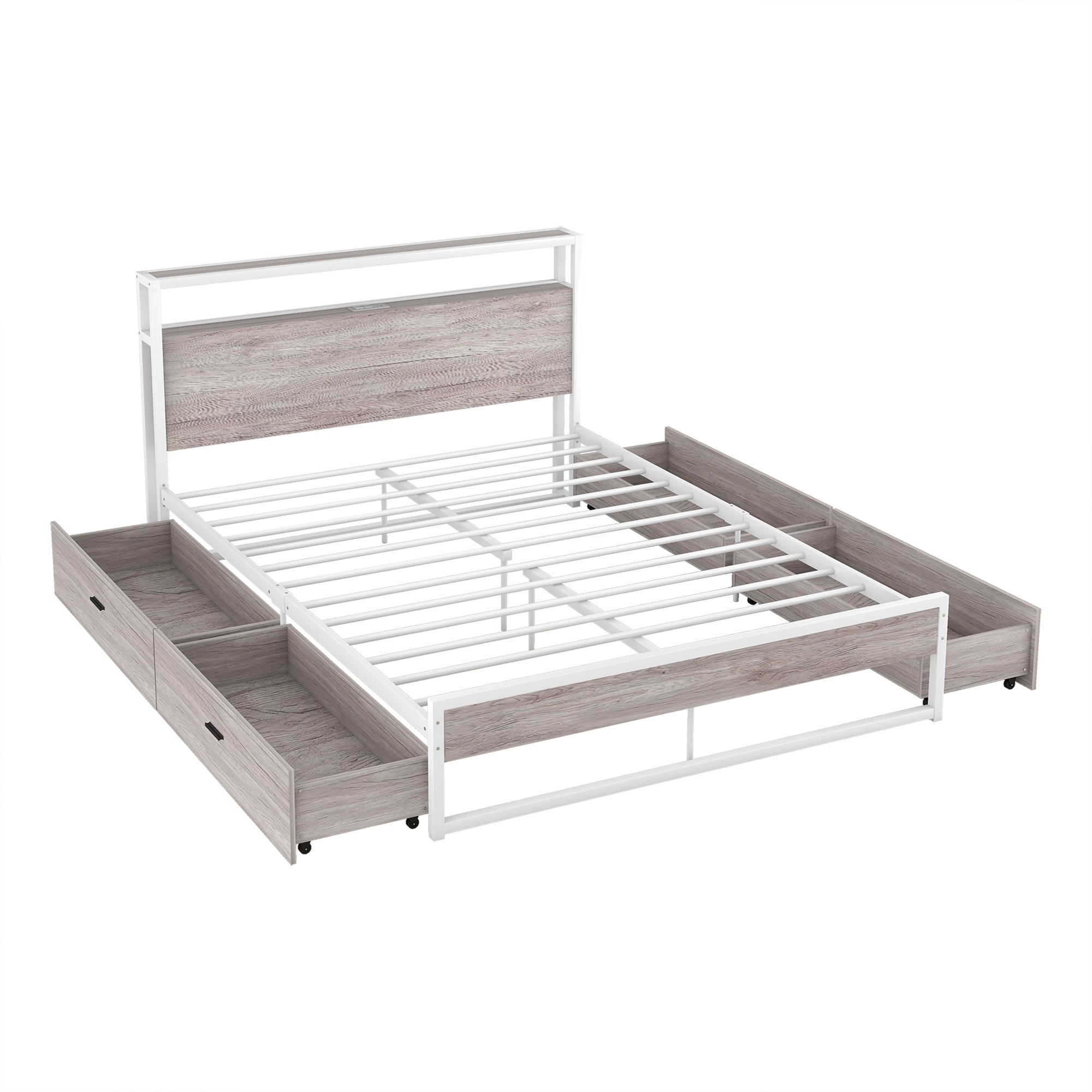 Queen Size Metal Platform Bed Frame with Four Drawers,Sockets and USB Ports ,Slat Support No Box Spring Needed White