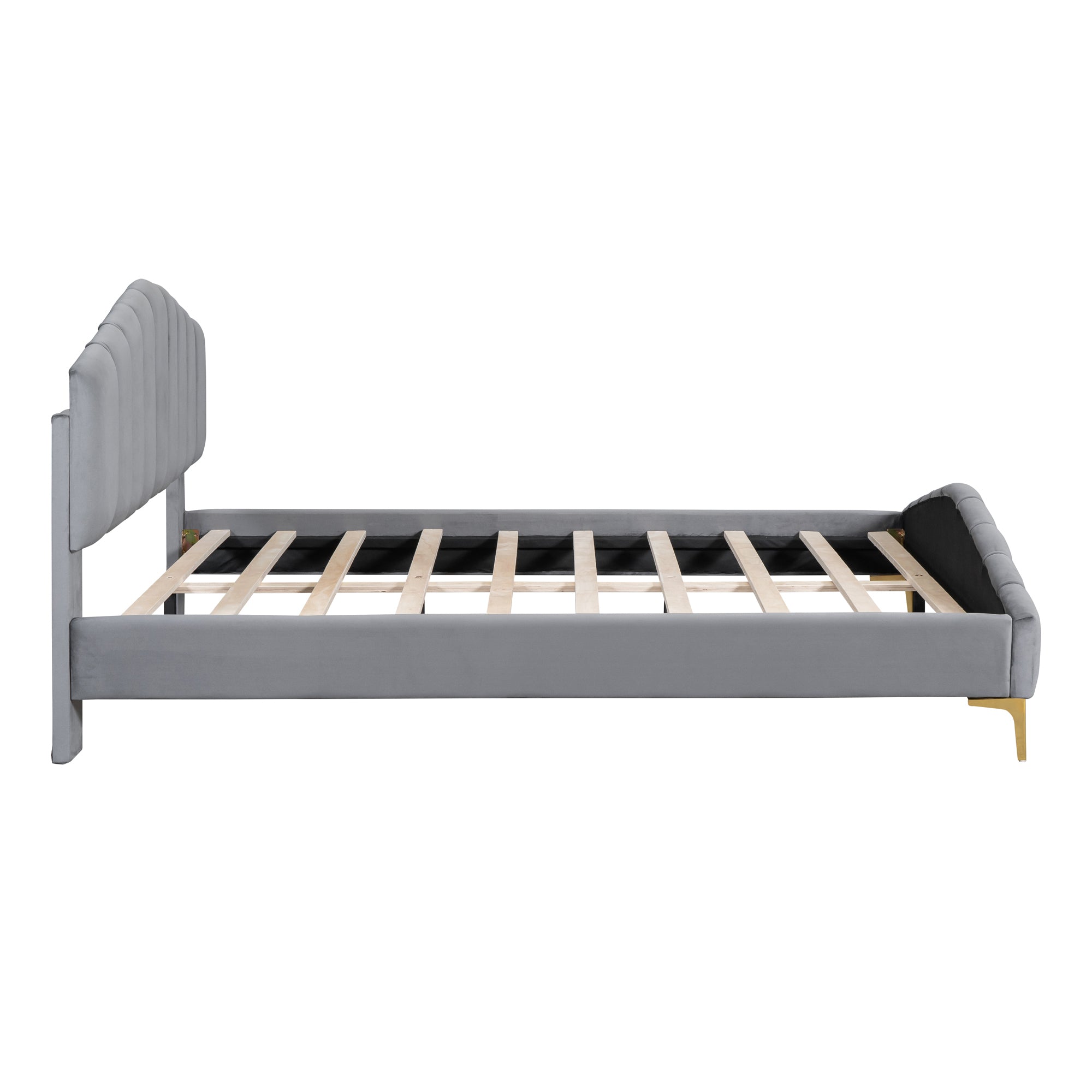 Queen Size Velvet Platform Bed with Thick Fabric, Stylish Stripe Decorated Bedboard and Elegant Metal Bed Leg, Gray - Atlantic Fine Furniture Melbourne FL