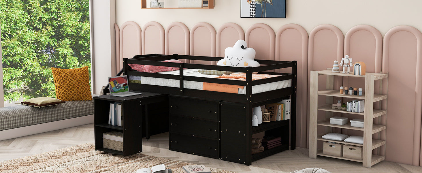 Twin Size Loft Bed with Retractable Writing Desk and 3 Drawers, Wooden Loft Bed with Storage Stairs and Shelves, Espresso - Atlantic Fine Furniture Melbourne FL