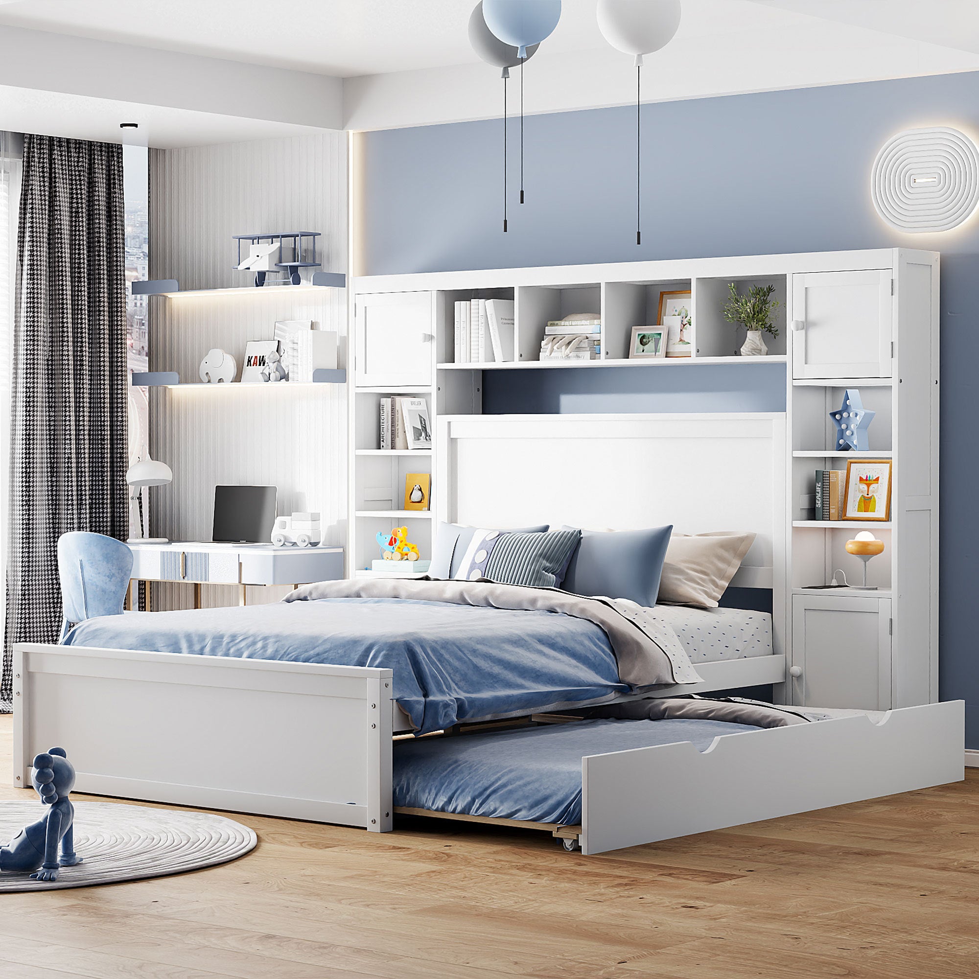 Full Size Wooden Bed With All-in-One Cabinet, Shelf and Sockets, White