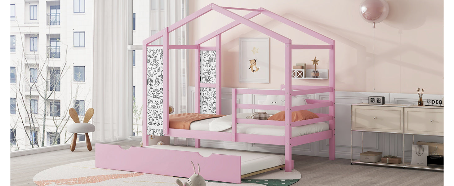 Twin Size Wood House Bed with Fence and Writing Board,Pink - Atlantic Fine Furniture Melbourne FL