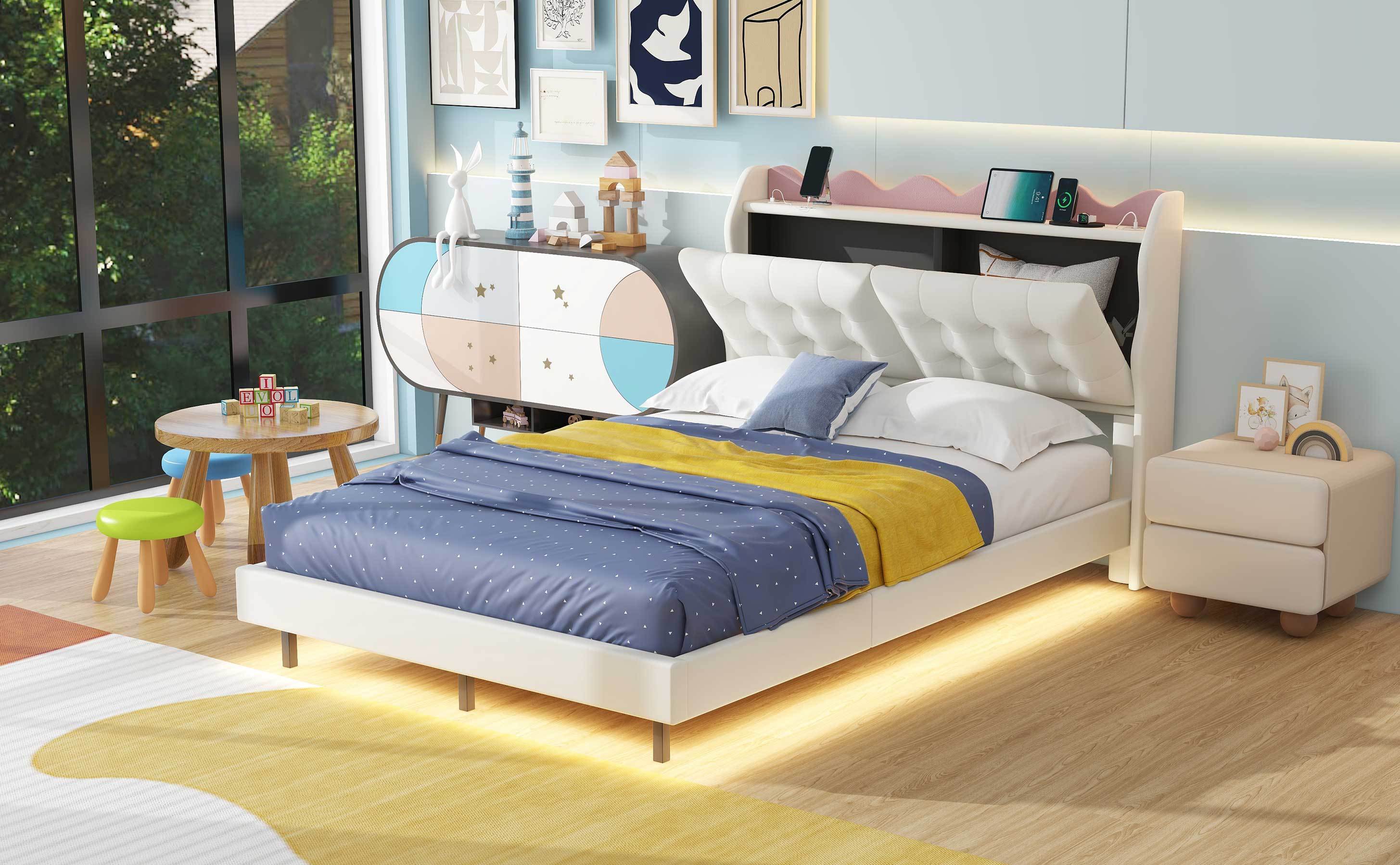 Full Size Upholstery Platform Bed Frame with LED Light Strips,Headboard Storage Space and Two USB Charging Deisgn,Beige