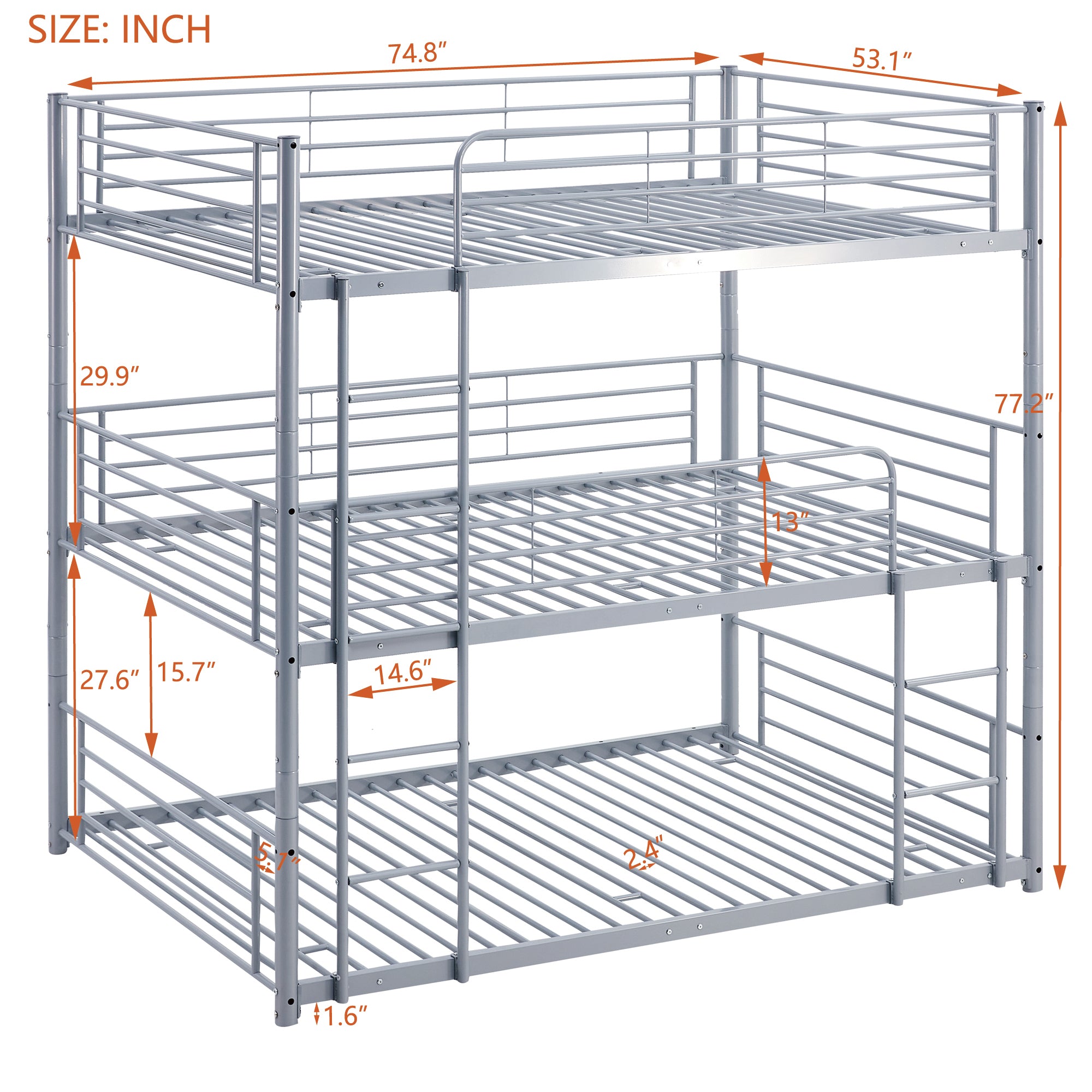 Full-Full-Full Metal Triple Bed with Built-in Ladder, Divided into Three Separate Beds,Gray(OLD SKU:LP000297AAE) - Atlantic Fine Furniture Melbourne FL
