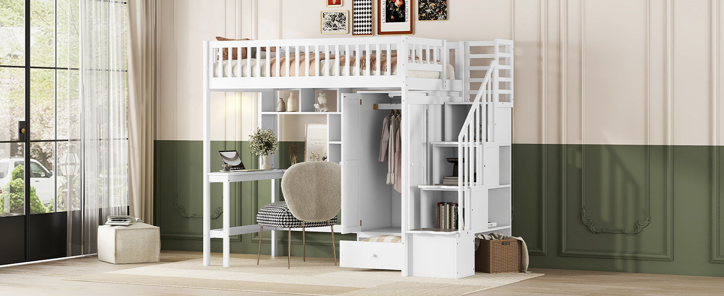 Twin size Loft Bed with Bookshelf,Drawers,Desk,and Wardrobe-White - Atlantic Fine Furniture Melbourne FL