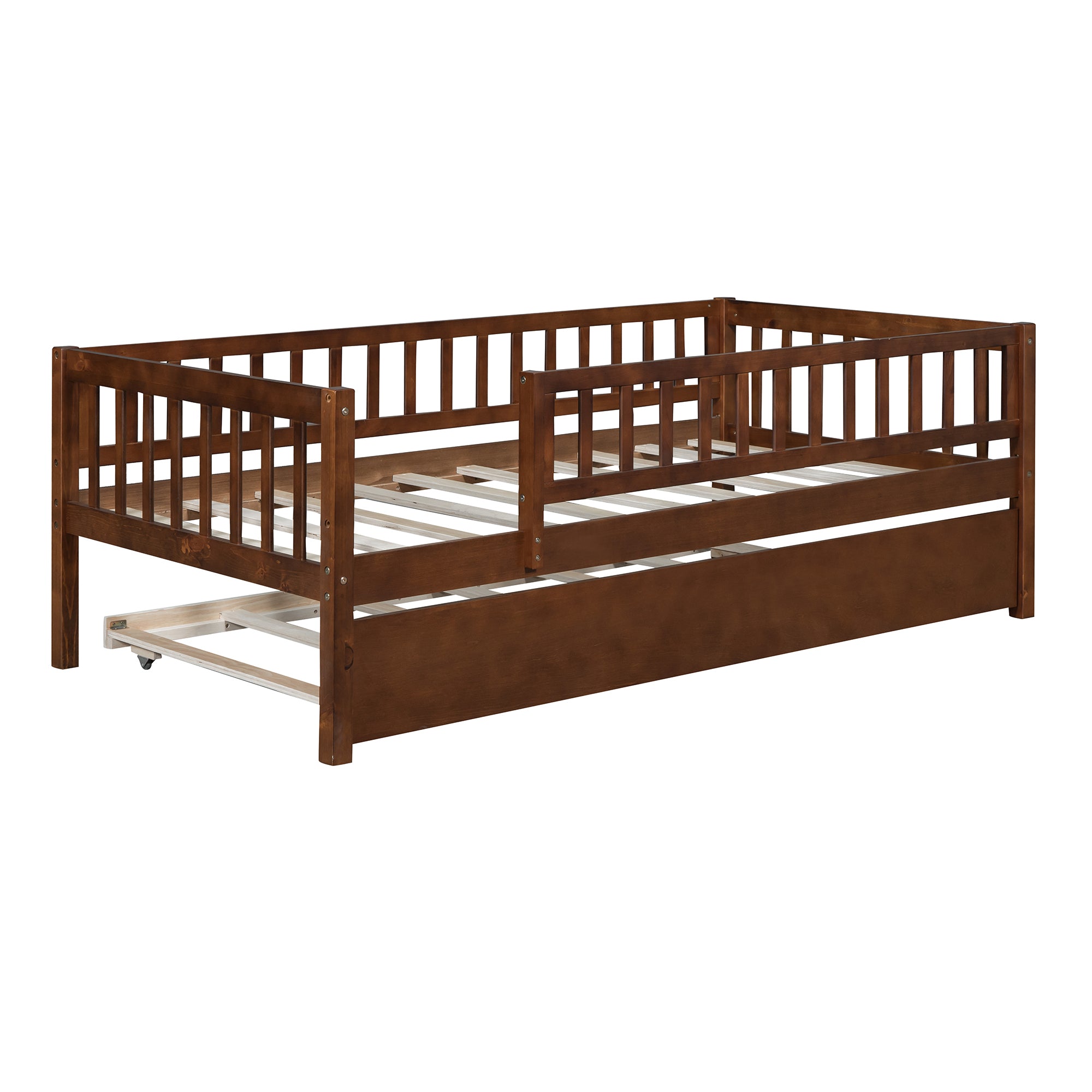 Twin Size Wood Daybed with Trundle and Fence Guardrails, Walnut - Atlantic Fine Furniture Melbourne FL