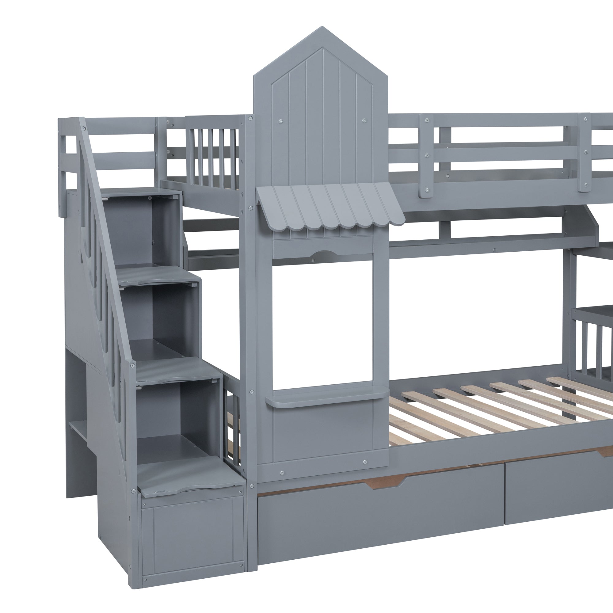 Twin-Over-Twin Castle Style Bunk Bed with 2 Drawers 3 Shelves and Slide - Gray - Atlantic Fine Furniture Melbourne FL