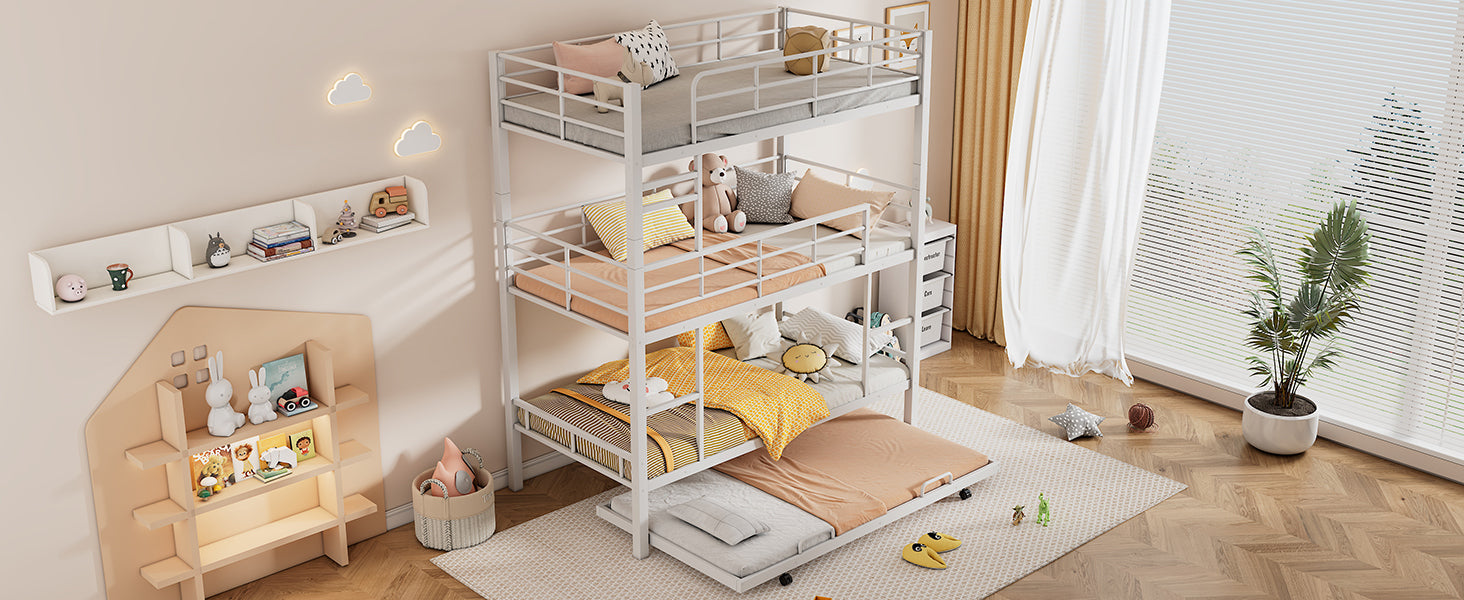 Metal Twin Size Triple Bunk Bed With Trundle, White