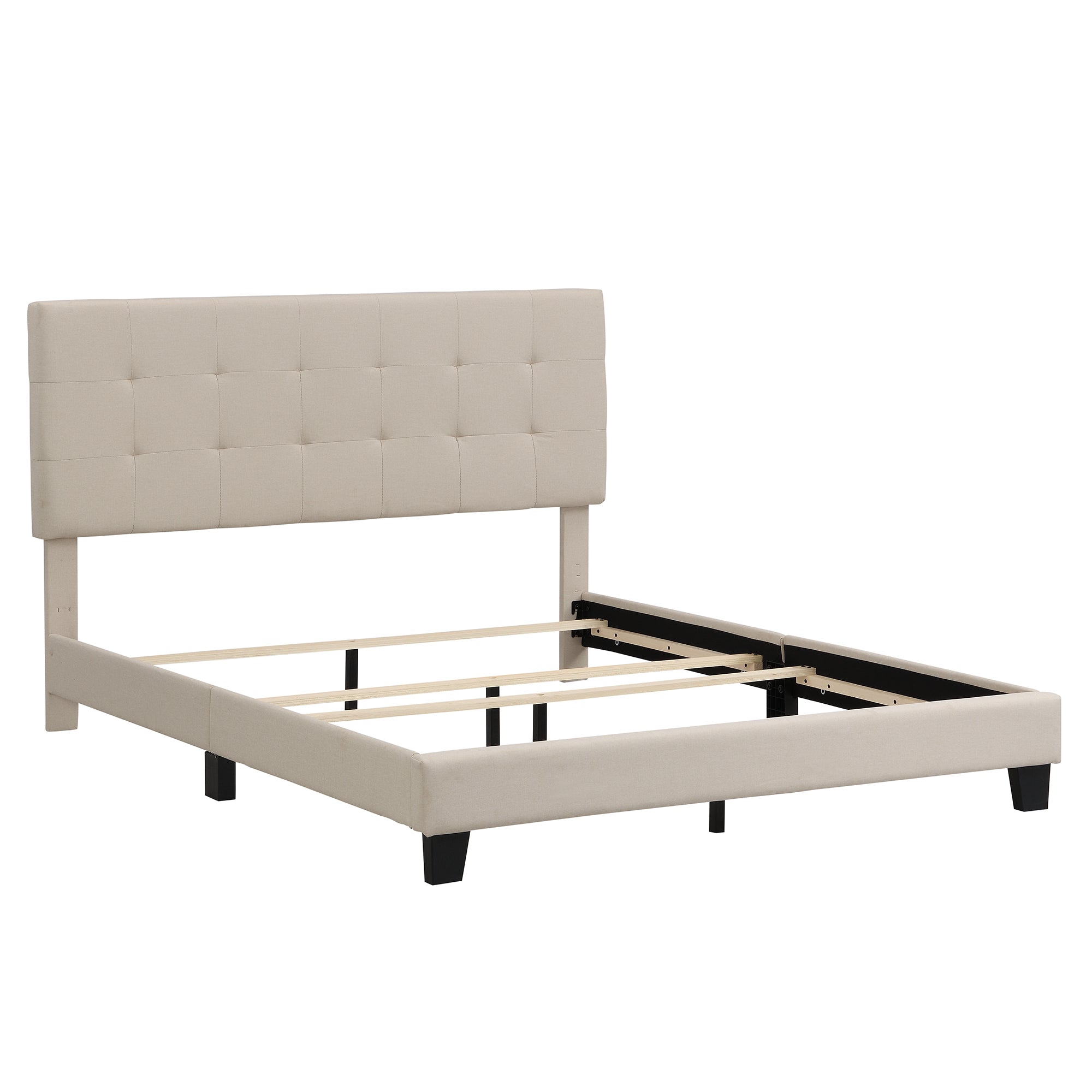Upholstered Platform Bed with Tufted Headboard, Box Spring Needed, Beige Linen Fabric, Queen Size - Atlantic Fine Furniture Melbourne FL