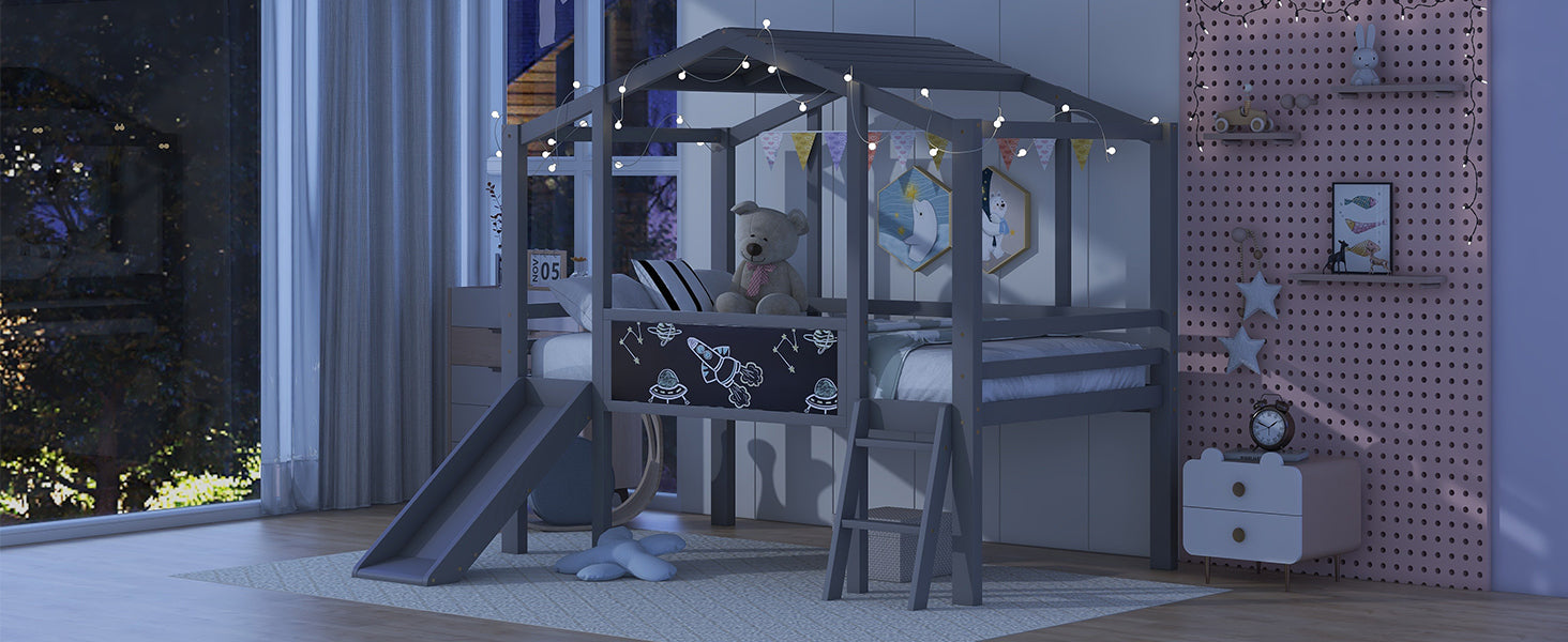 Twin Size Loft Bed with Ladder and Slide, House Bed with Blackboard and Light Strip on the Roof, Gray - Atlantic Fine Furniture Melbourne FL
