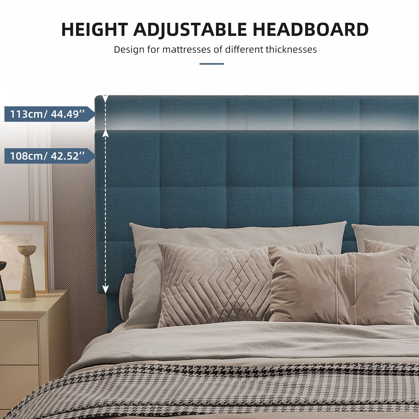 Queen Size Upholstered Platform Bed Linen Bed Frame with Lights Square Stitched Adjustable Headboard Strong Bed Slats System No Box Spring Needed Blue - Atlantic Fine Furniture Melbourne FL