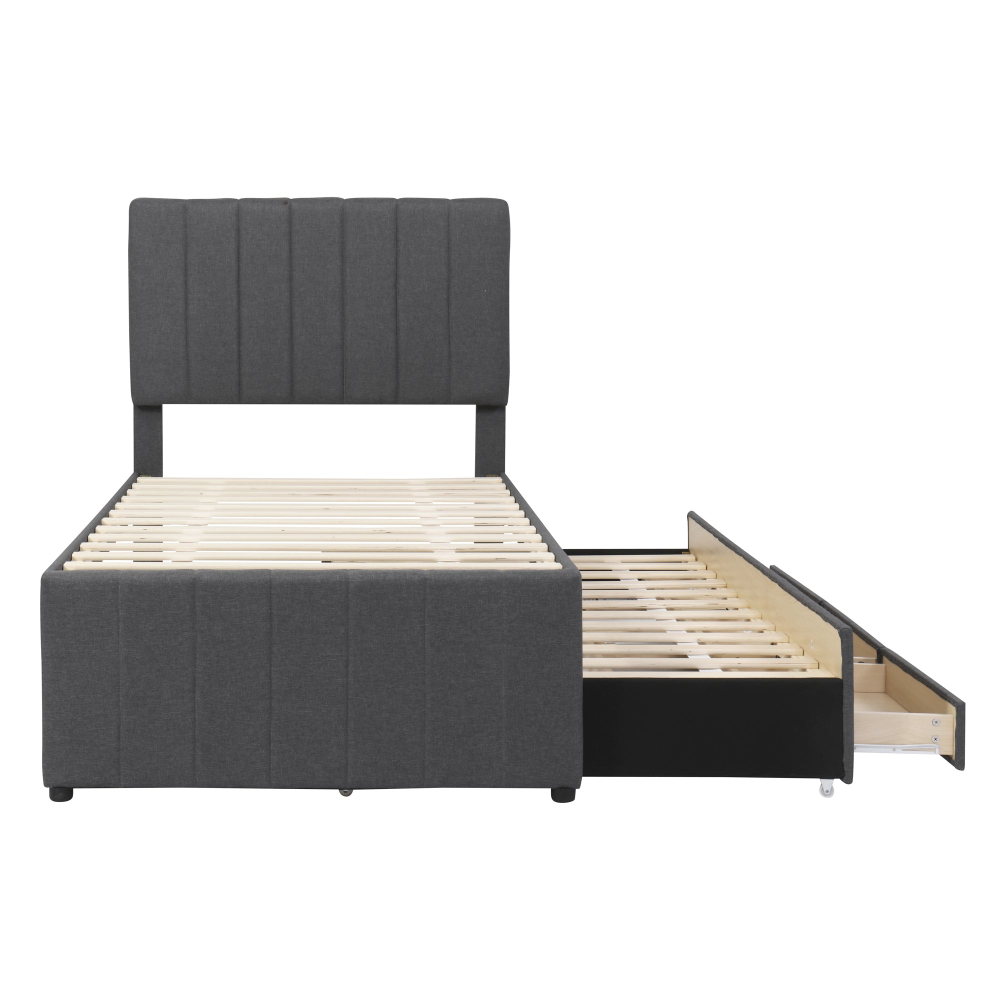 Twin Size Upholstered Platform Bed with Trundle and 3 Drawers, Linen Fabric, Gray - Atlantic Fine Furniture Melbourne FL