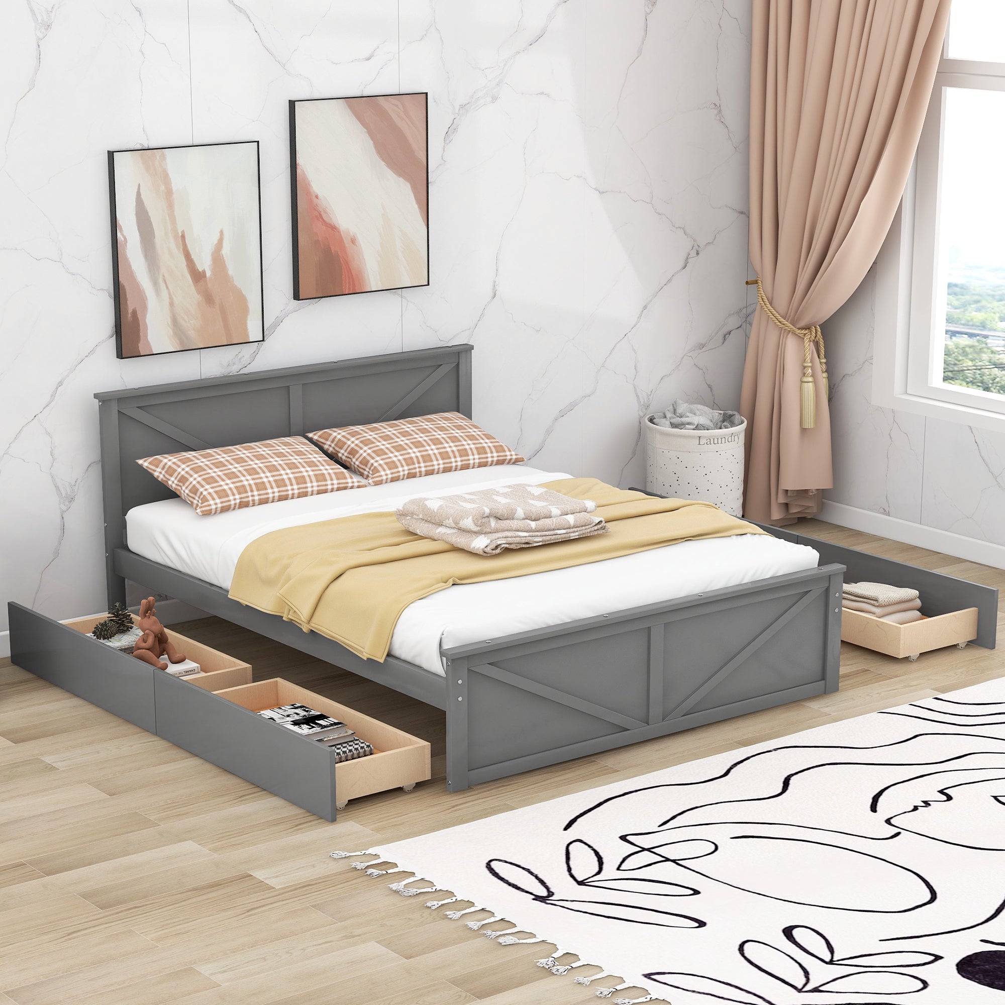 Queen Size Wooden Platform Bed with Four Storage Drawers and Support Legs, Gray - Atlantic Fine Furniture Melbourne FL