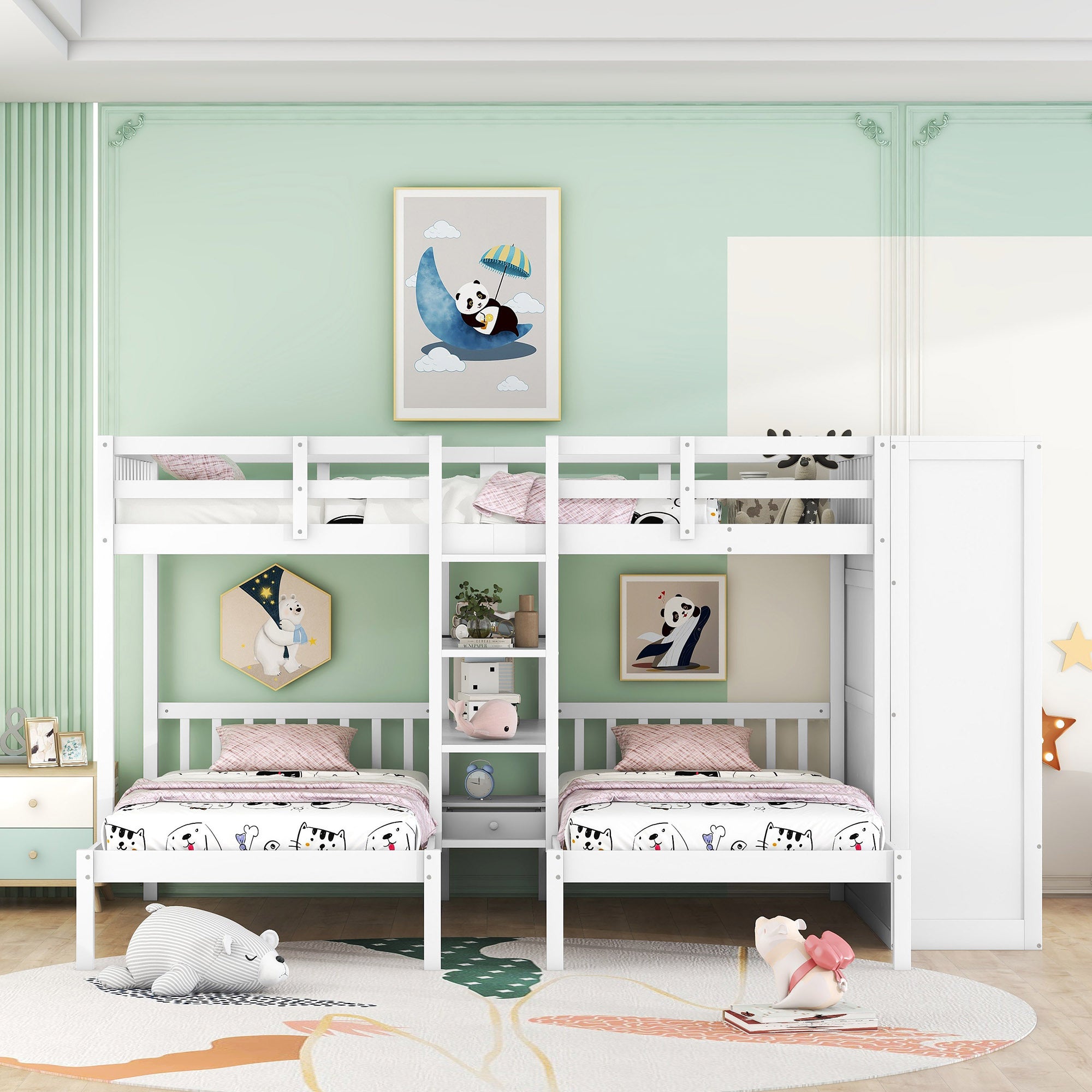 Full-Over-Twin-Twin Bunk Bed with Shelves, Wardrobe and Mirror, White - Atlantic Fine Furniture Melbourne FL