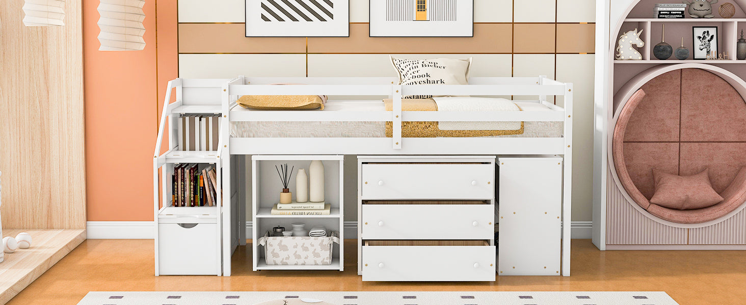 Twin Size Loft Bed with Retractable Writing Desk and 3 Drawers, Wooden Loft Bed with Storage Stairs and Shelves, White - Atlantic Fine Furniture Melbourne FL