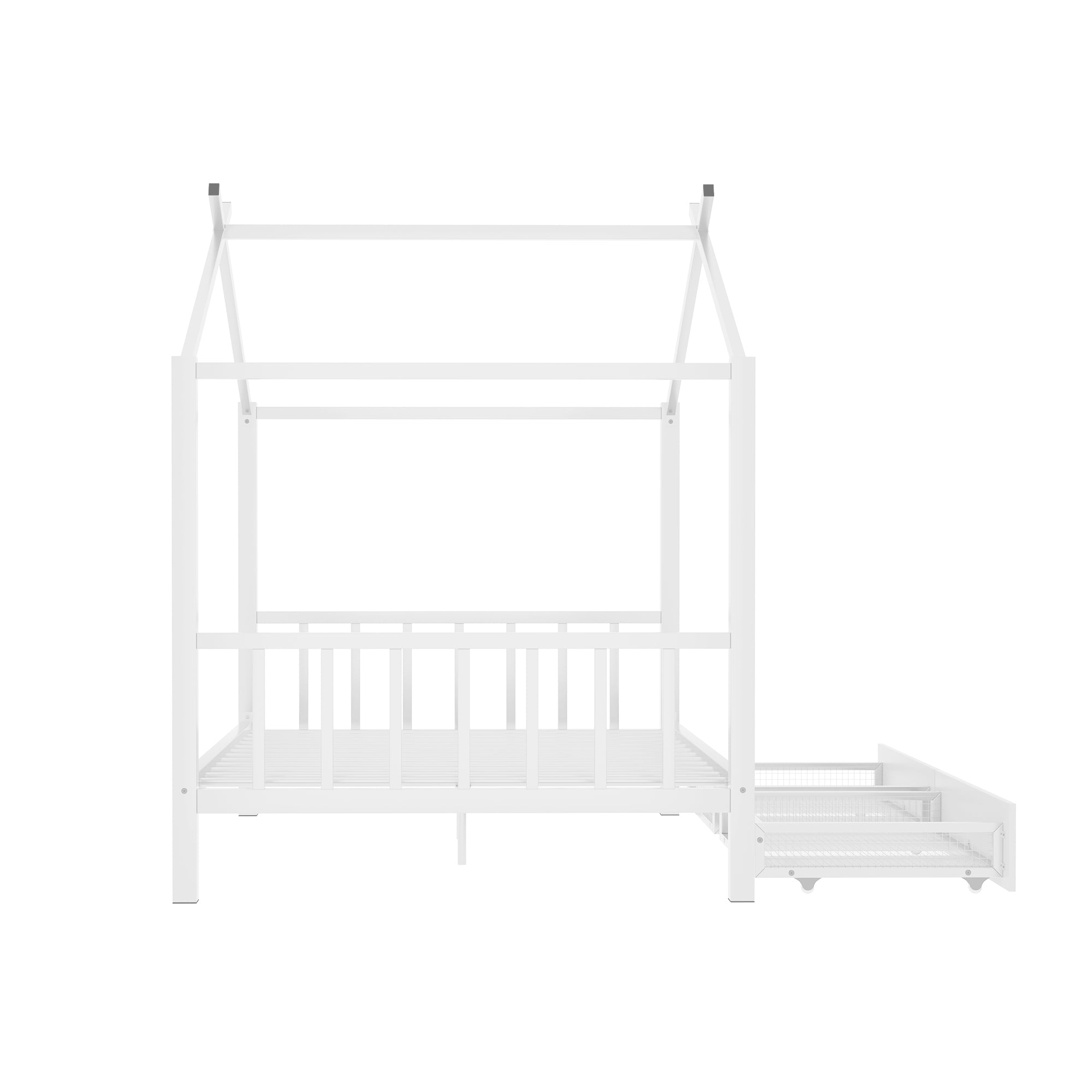 Full Size Metal House Platform Bed with Two Drawers,Headboard and Footboard,Roof Design,White