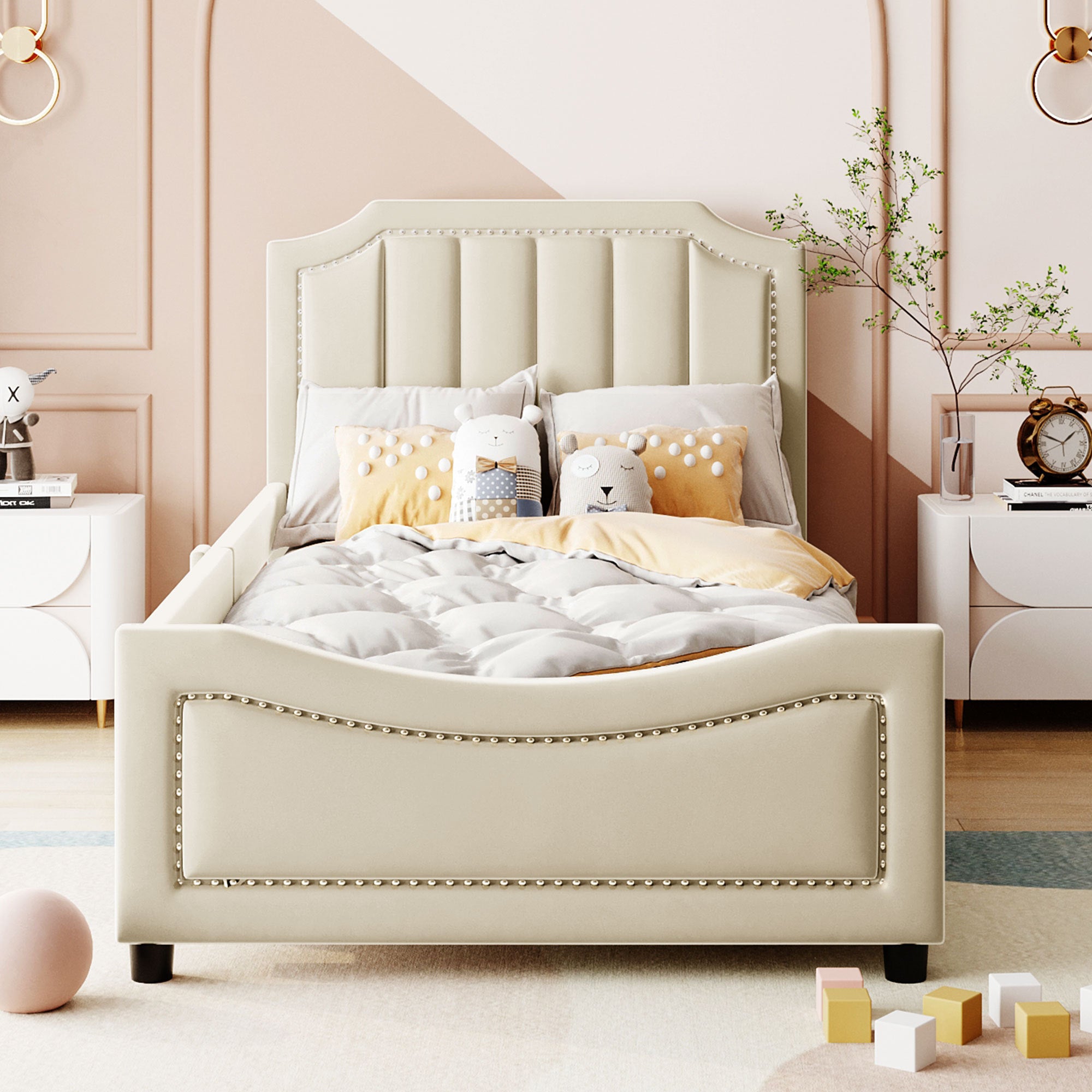 Twin Size Upholstered Daybed with Classic Stripe Shaped Headboard, Beige - Atlantic Fine Furniture Melbourne FL