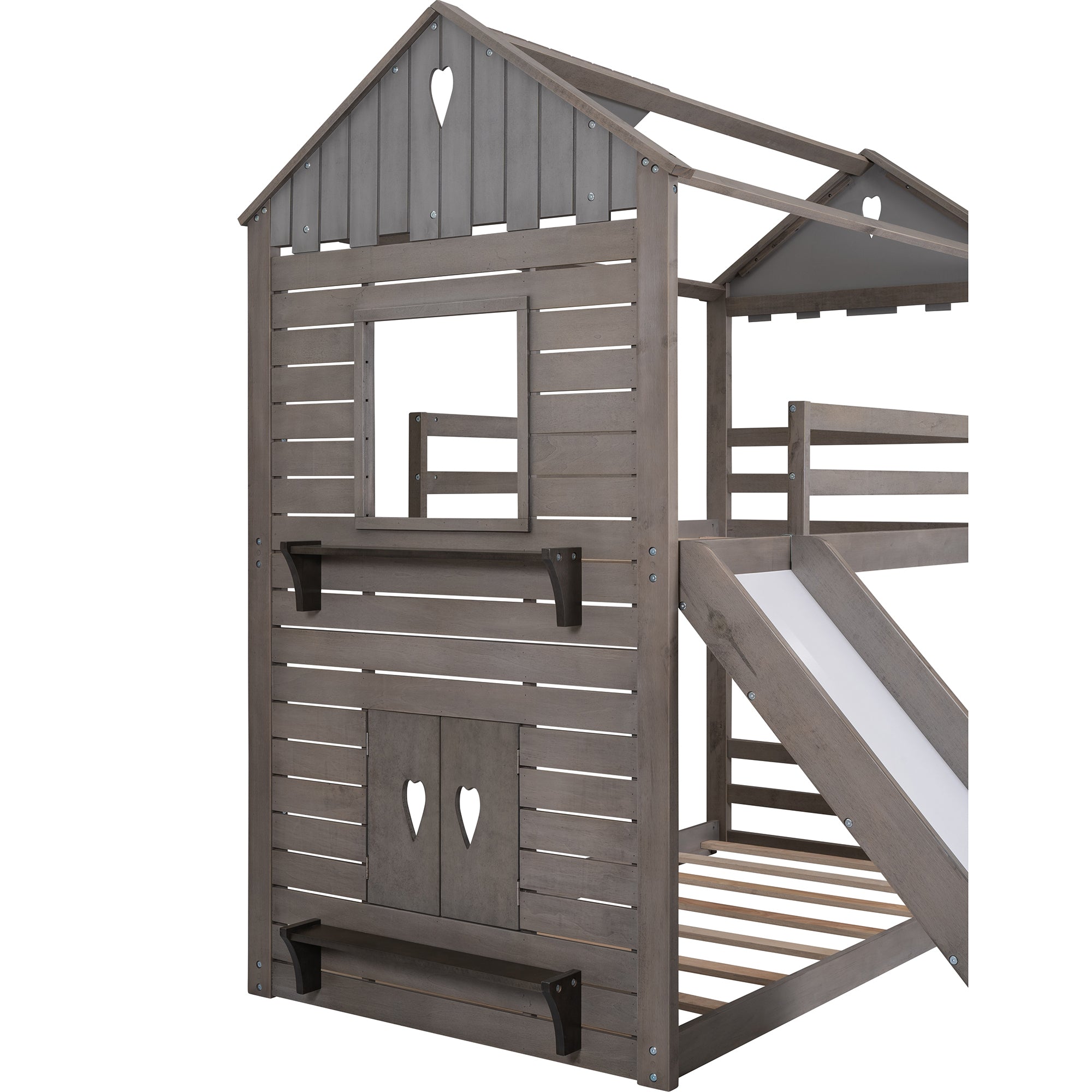 Twin Over Twin Bunk Bed Wood Bed with Roof, Window, Slide, Ladder ,Antique Gray(OLD SKU:LP000059AAE) - Atlantic Fine Furniture Melbourne FL