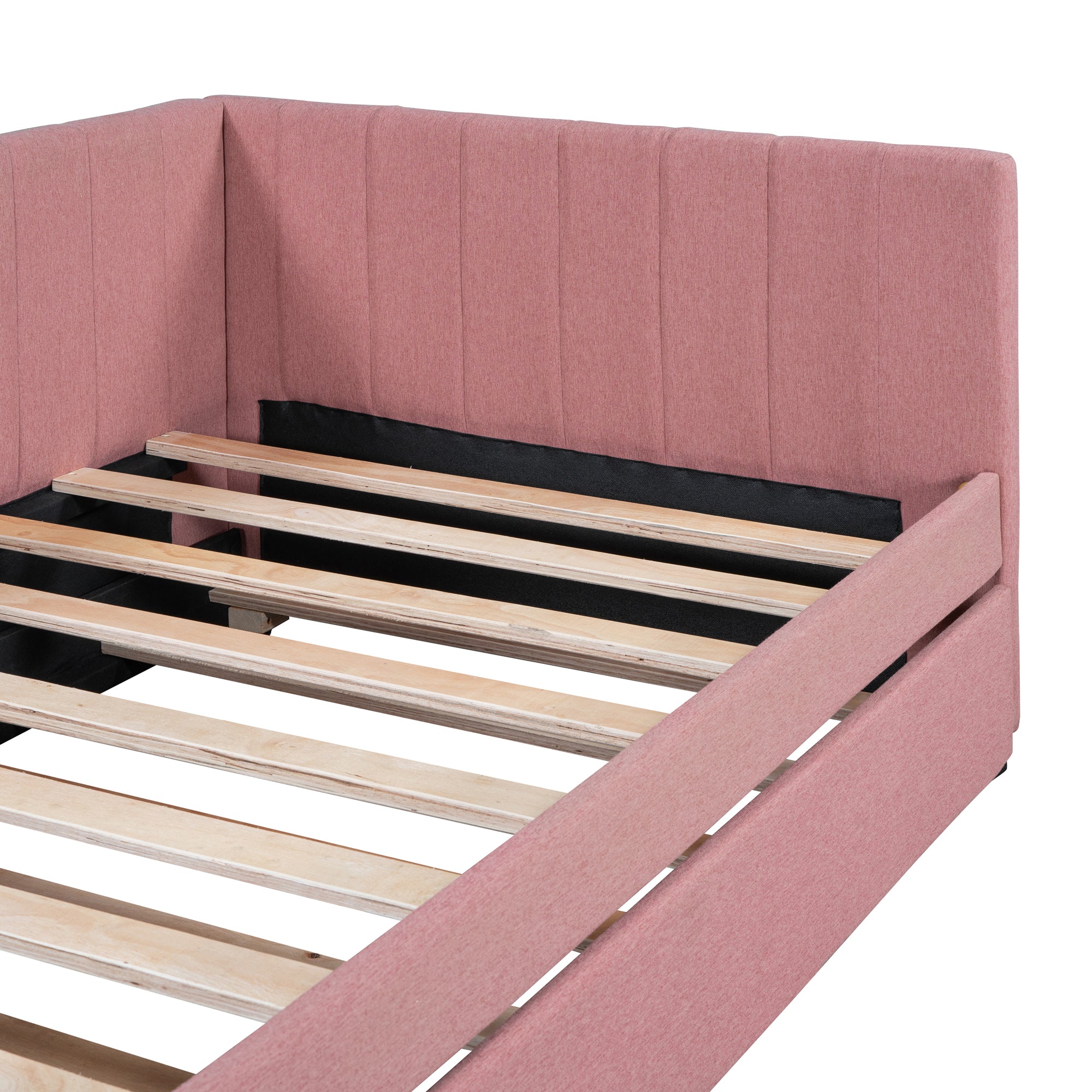 Upholstered Daybed with Trundle Twin Size Sofa Bed Frame No Box Spring Needed, Linen Fabric(Pink) - Atlantic Fine Furniture Melbourne FL