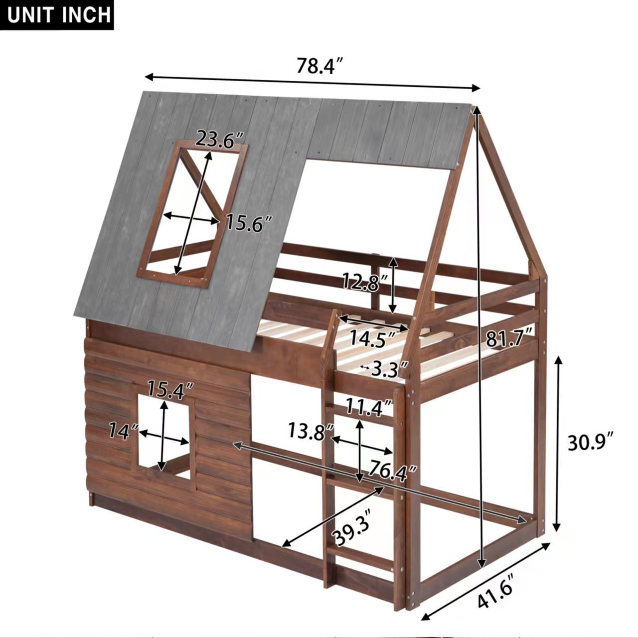 Wood Twin Size House Bunk Bed with Roof, Ladder and 2 Windows, Oak & Smoky Grey - Atlantic Fine Furniture Melbourne FL