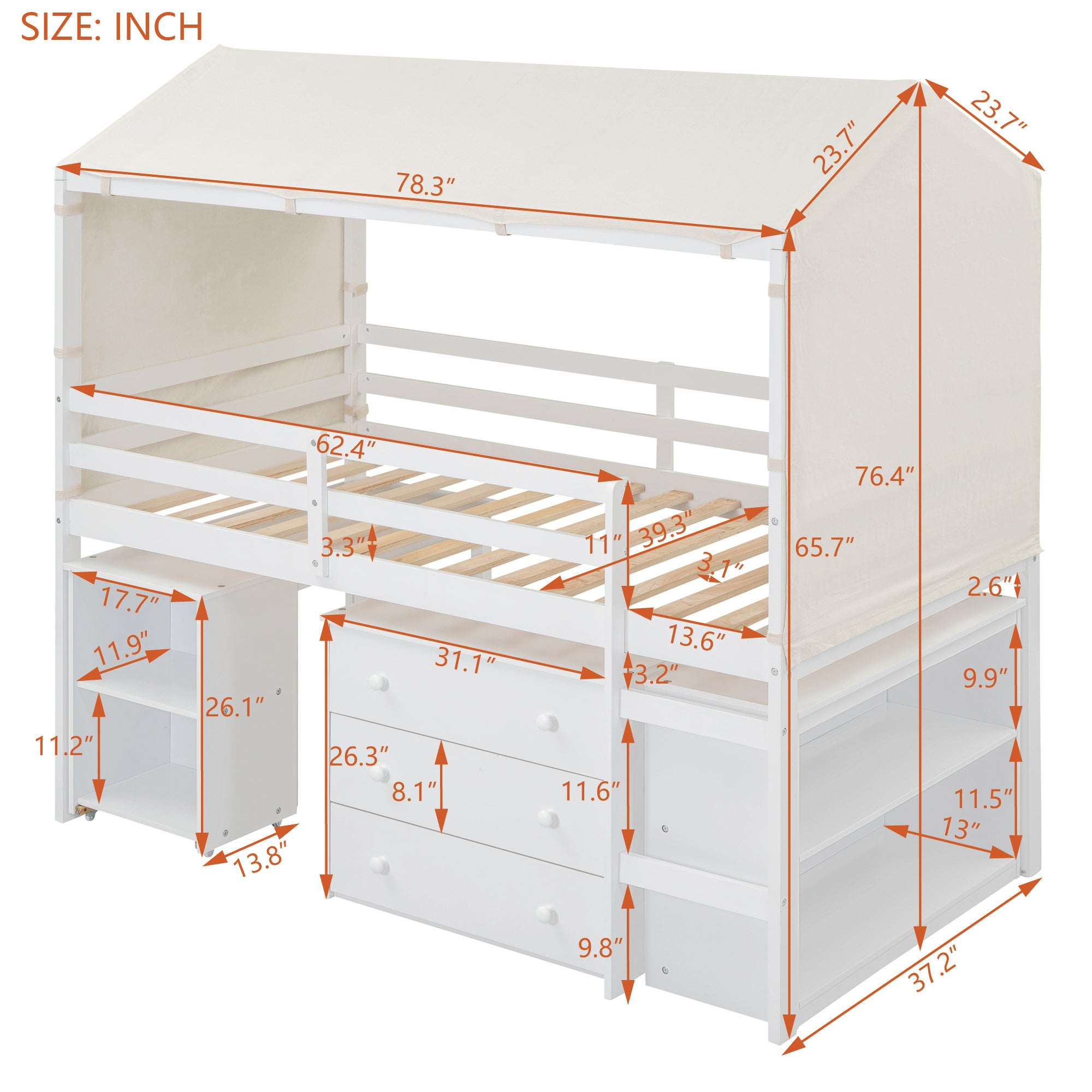 Twin Size Loft Bed with Rolling Cabinet, Shelf and Tent - White - Atlantic Fine Furniture Melbourne FL
