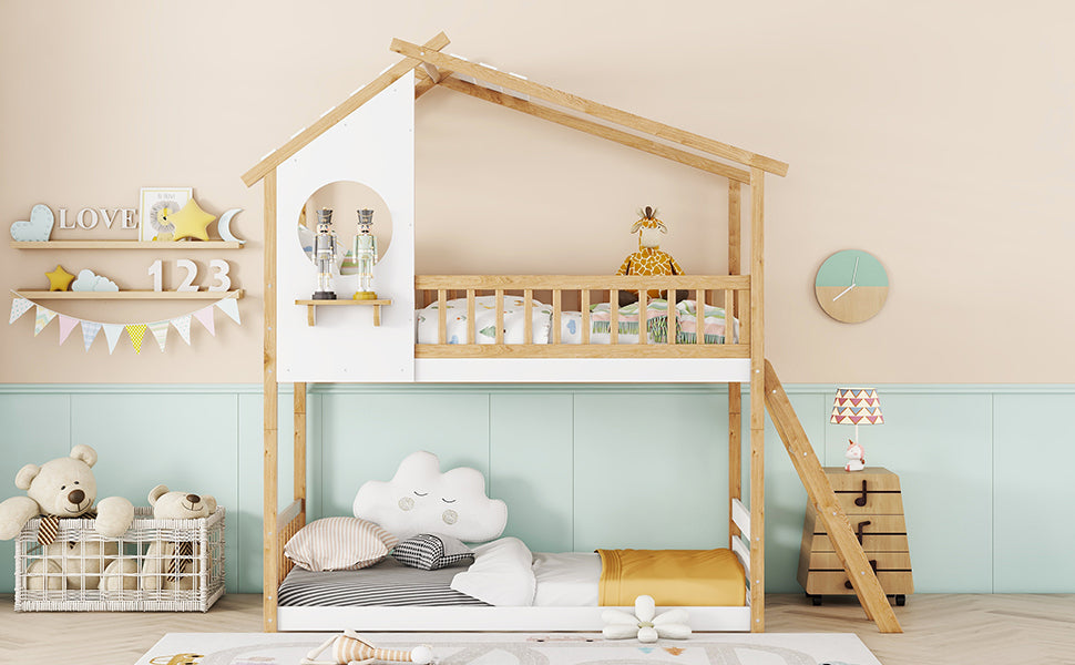 Twin Over Twin Bunk Bed Wood Bed with Roof, Window, Ladder,Natural(OLD SKU :LT100008AAD) - Atlantic Fine Furniture Melbourne FL