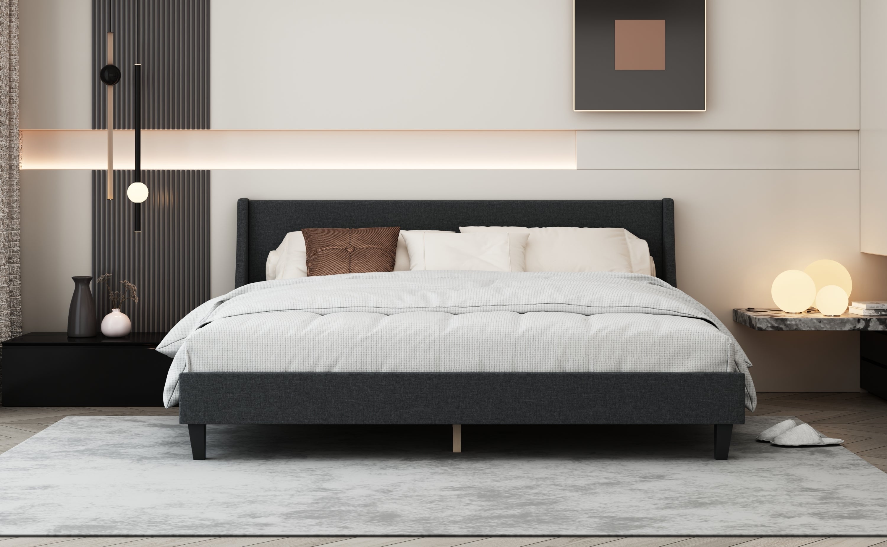 King Size Bed Frame Upholstered Bed Frame Platform ,Non-adjustable Headboard Linen Fabric Headboard Wooden Slats Support/No Box Spring Needed/Easy Assembly/Mattress Foundation, Drak gray