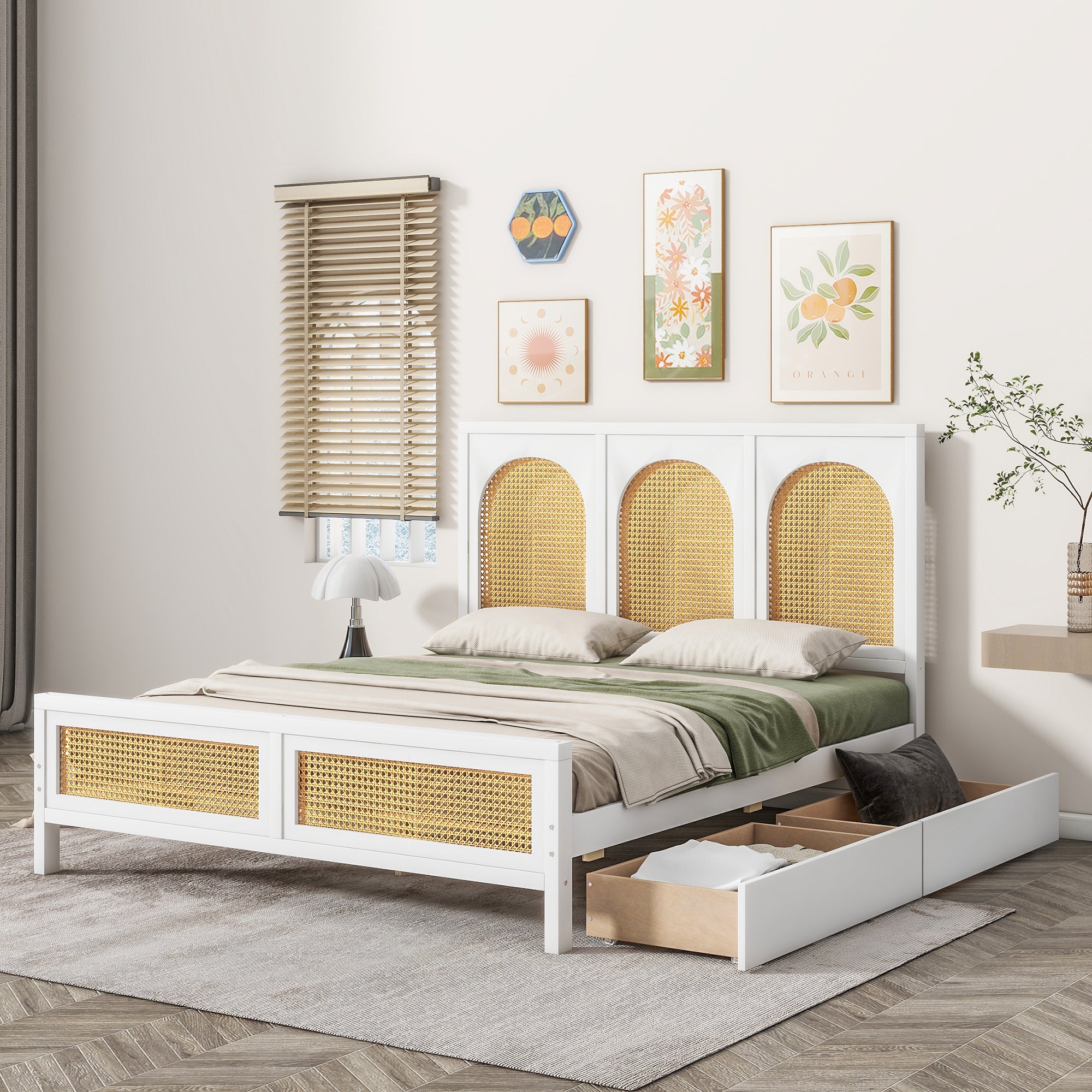 Full Size Wood Storage Platform Bed with 2 Drawers, Rattan Headboard and Footboard, White - Atlantic Fine Furniture Melbourne FL