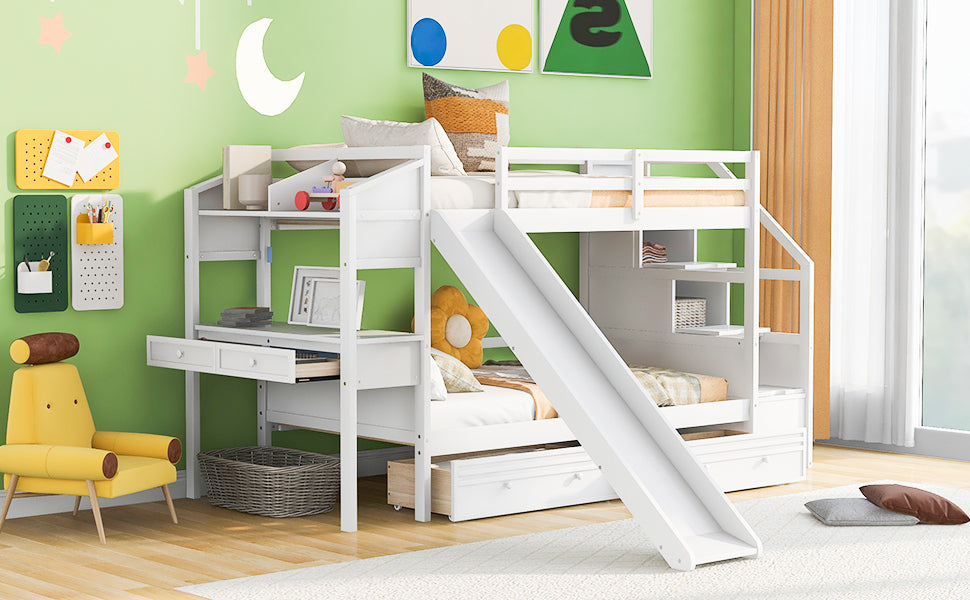 Twin over Twin Bunk Bed with Storage Staircase, Slide and Drawers, Desk with Drawers and Shelves, White - Atlantic Fine Furniture Melbourne FL
