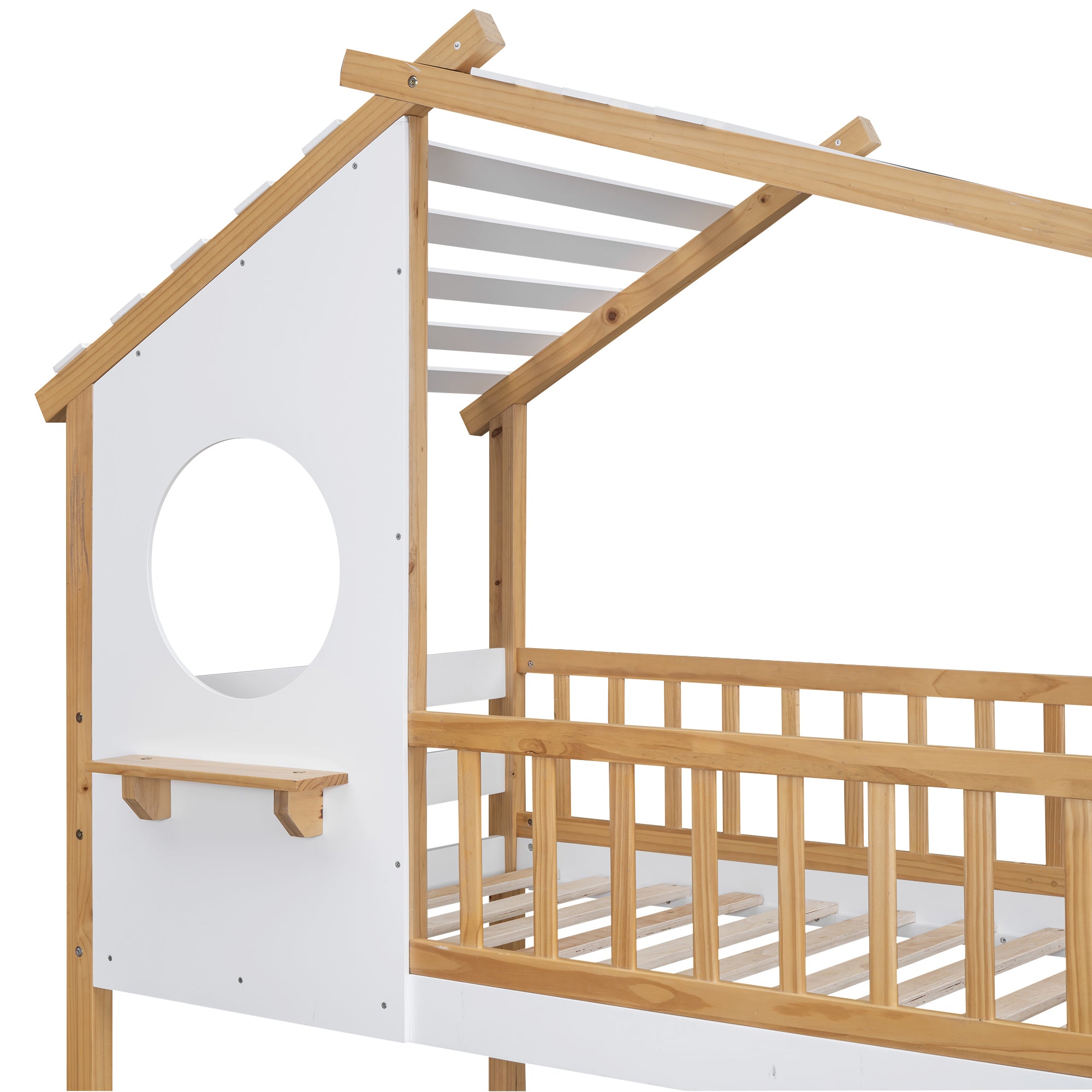 Twin Over Twin Bunk Bed Wood Bed with Roof, Window, Ladder,Natural(OLD SKU :LT100008AAD) - Atlantic Fine Furniture Melbourne FL
