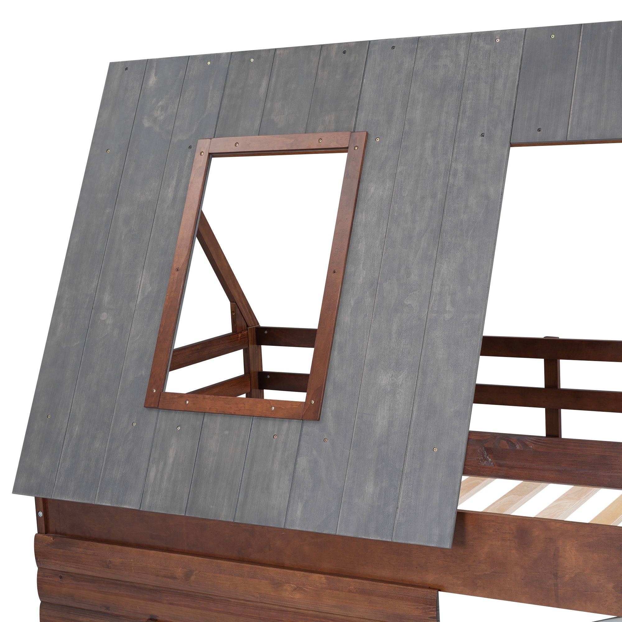 Wood Twin Size House Bunk Bed with Roof, Ladder and 2 Windows, Oak & Smoky Grey - Atlantic Fine Furniture Melbourne FL