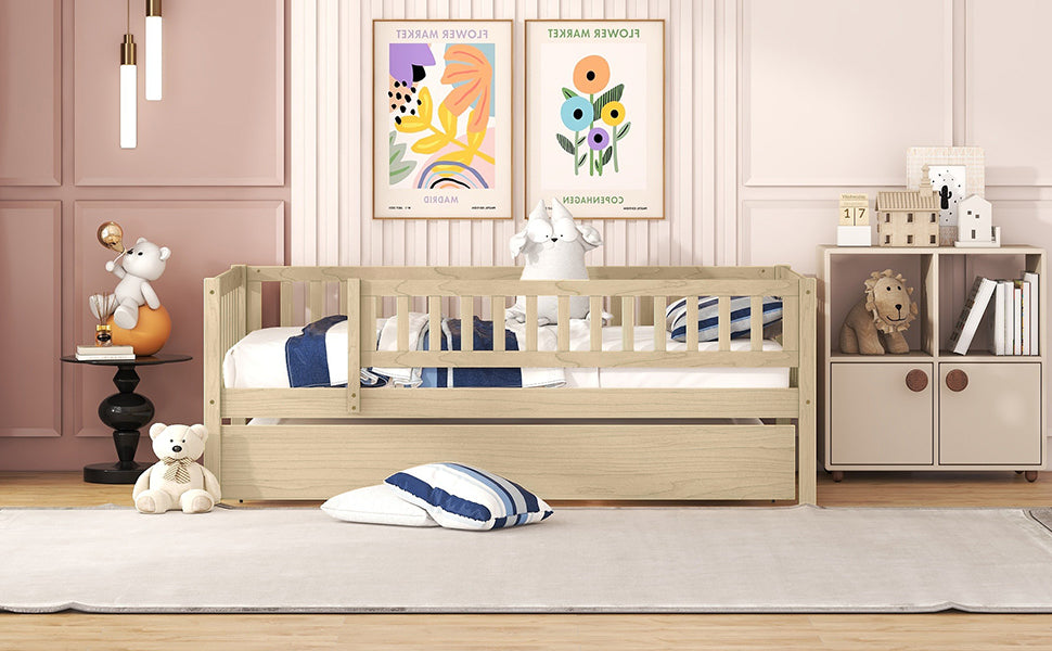 Twin Size Wood Daybed with Trundle and Fence Guardrails, Natural - Atlantic Fine Furniture Melbourne FL