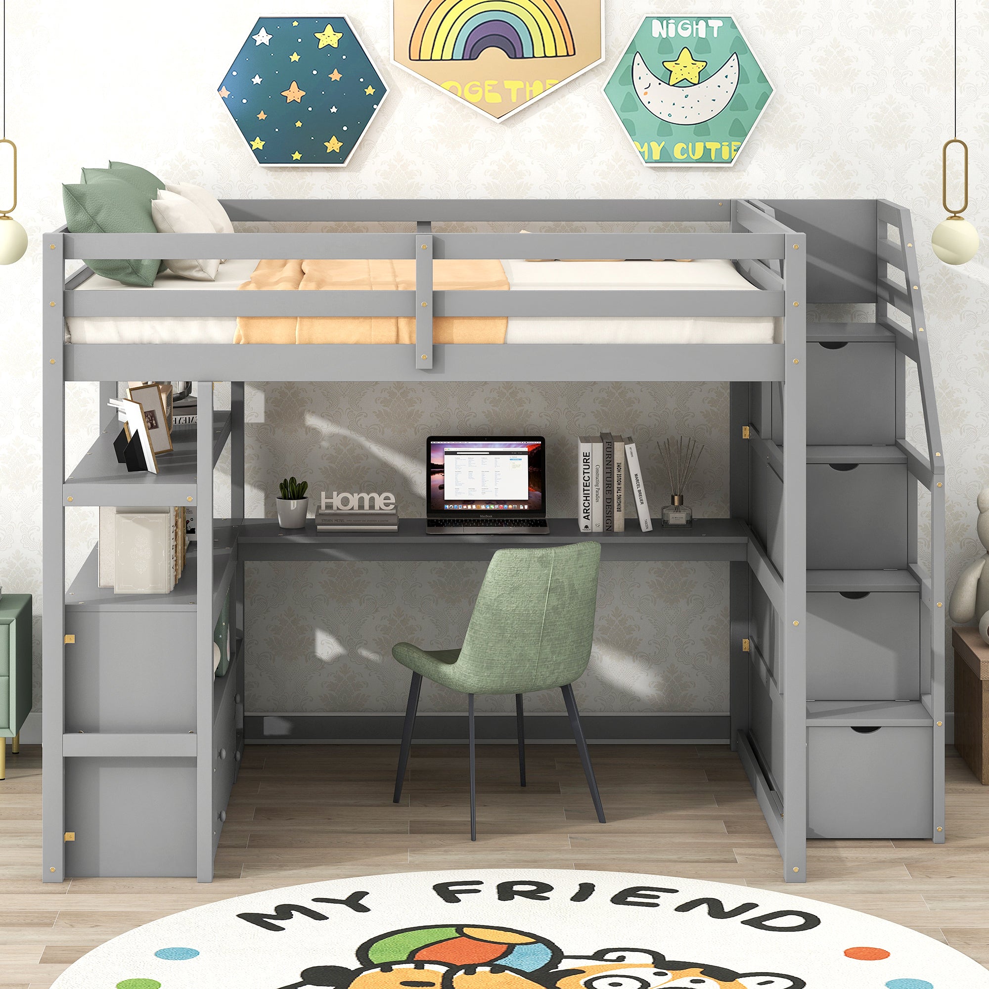 Full Size Loft Bed with Desk and Shelves, Two Built-in Drawers, Storage Staircase, Gray - Atlantic Fine Furniture Melbourne FL
