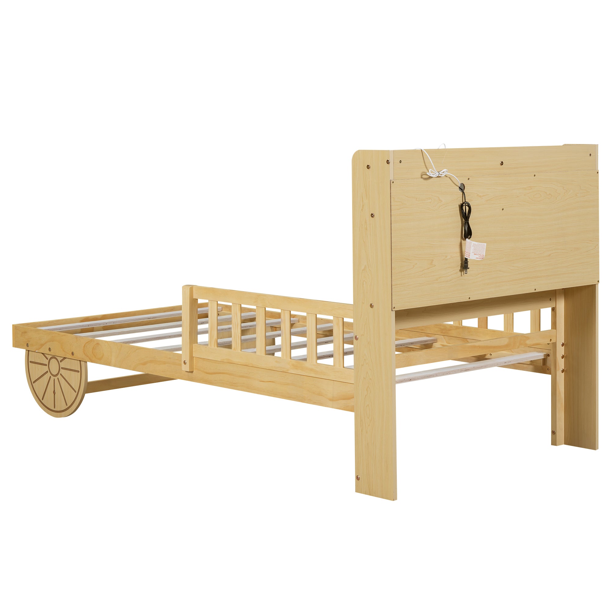 Twin Size Car Bed with Bear-Shaped Headboard, USB and LED, Natural - Atlantic Fine Furniture Melbourne FL