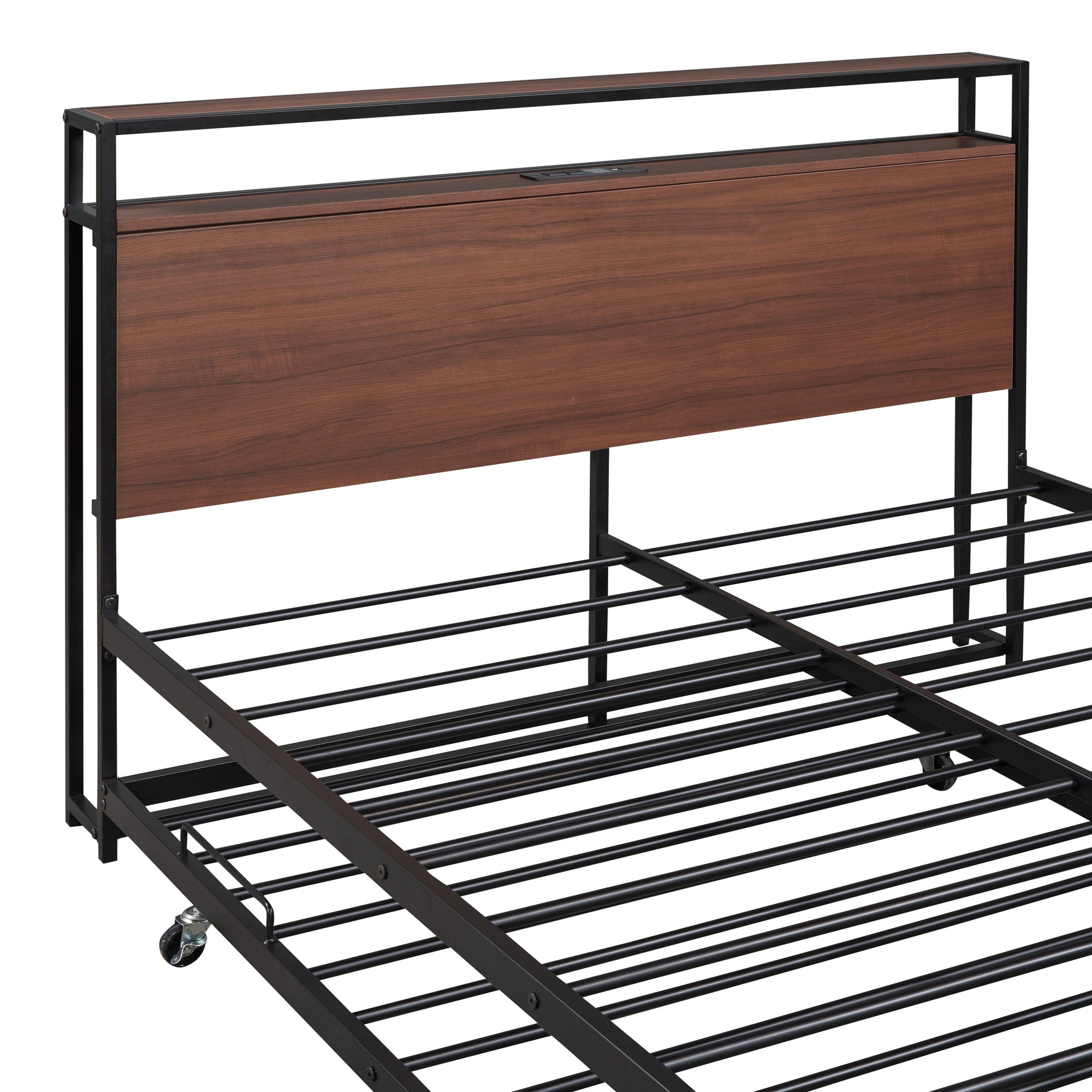 Full Size Metal Platform Bed Frame with Trundle, USB Ports and Slat Support ,No Box Spring Needed Black