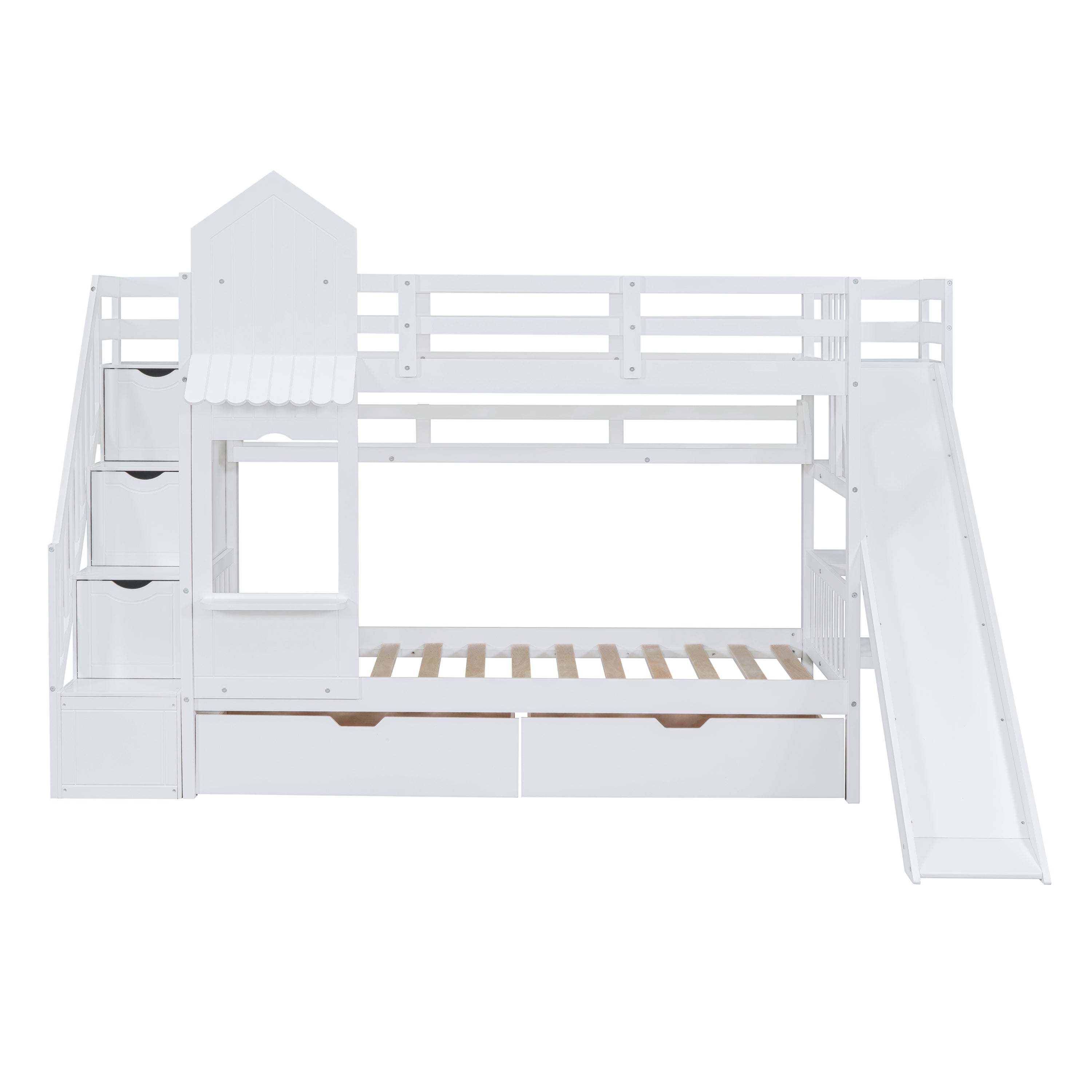 Twin-Over-Twin Castle Style Bunk Bed with 2 Drawers 3 Shelves and Slide - White - Atlantic Fine Furniture Melbourne FL