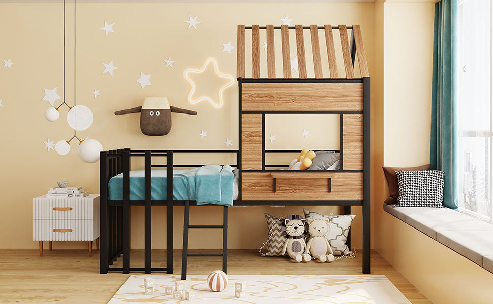 Metal Twin size Loft Bed with Roof, Window, Guardrail, Ladder Black - Atlantic Fine Furniture Melbourne FL