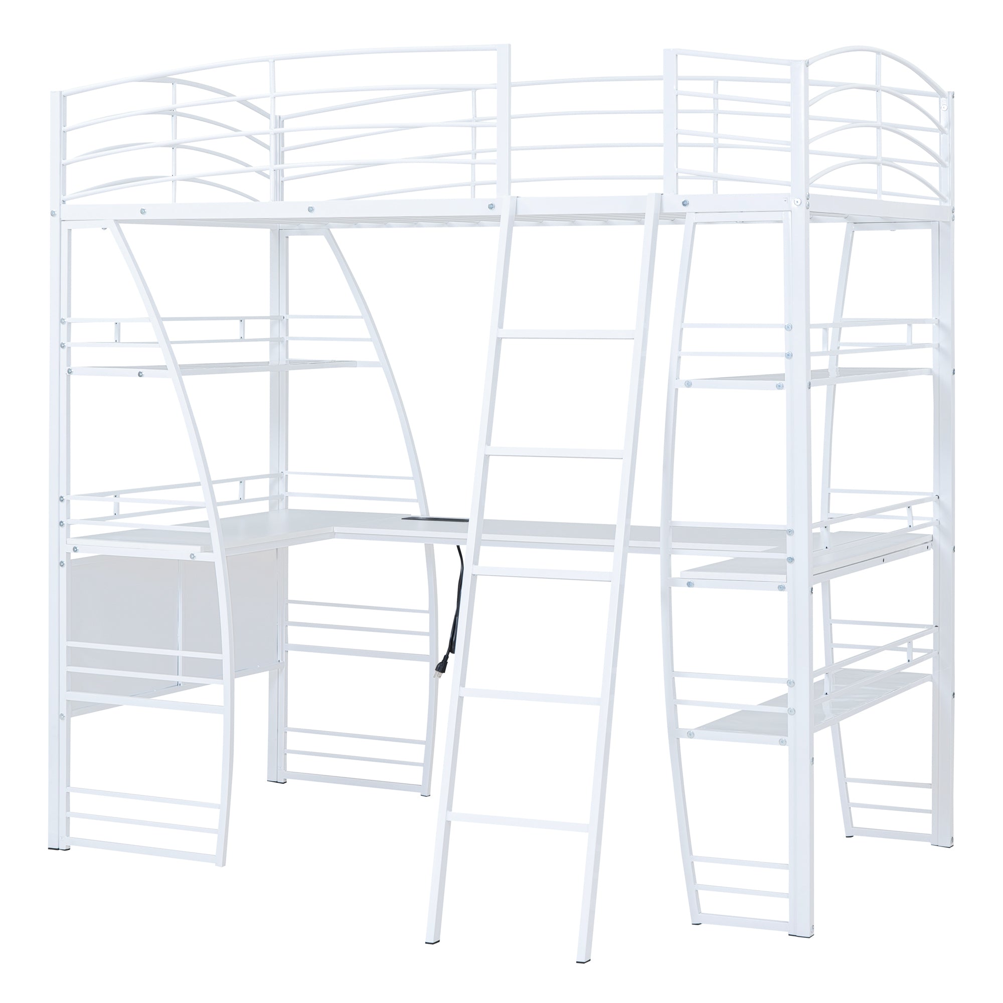 Twin Size Loft Bed with 4 Layers of Shelves and L-shaped Desk, Stylish Metal Frame Bed with a set of Sockets, USB Ports and and Wireless Charging, White - Atlantic Fine Furniture Melbourne FL