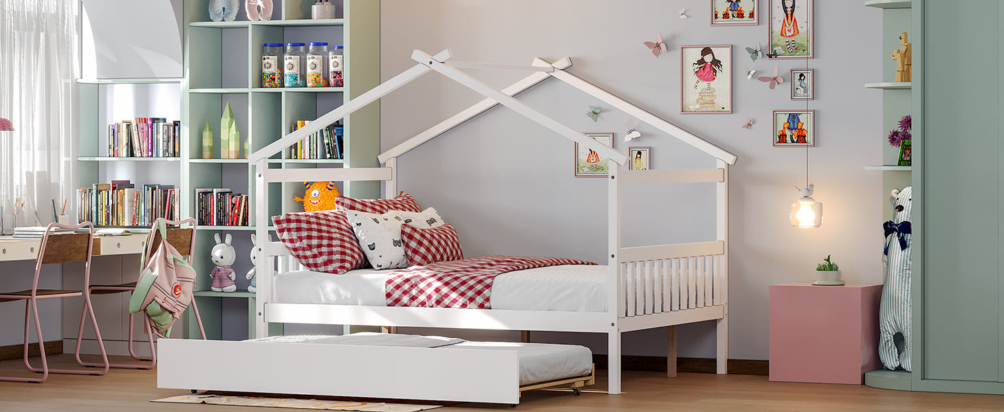 Full Size Wooden House Bed with Twin Size Trundle, White - Atlantic Fine Furniture Melbourne FL