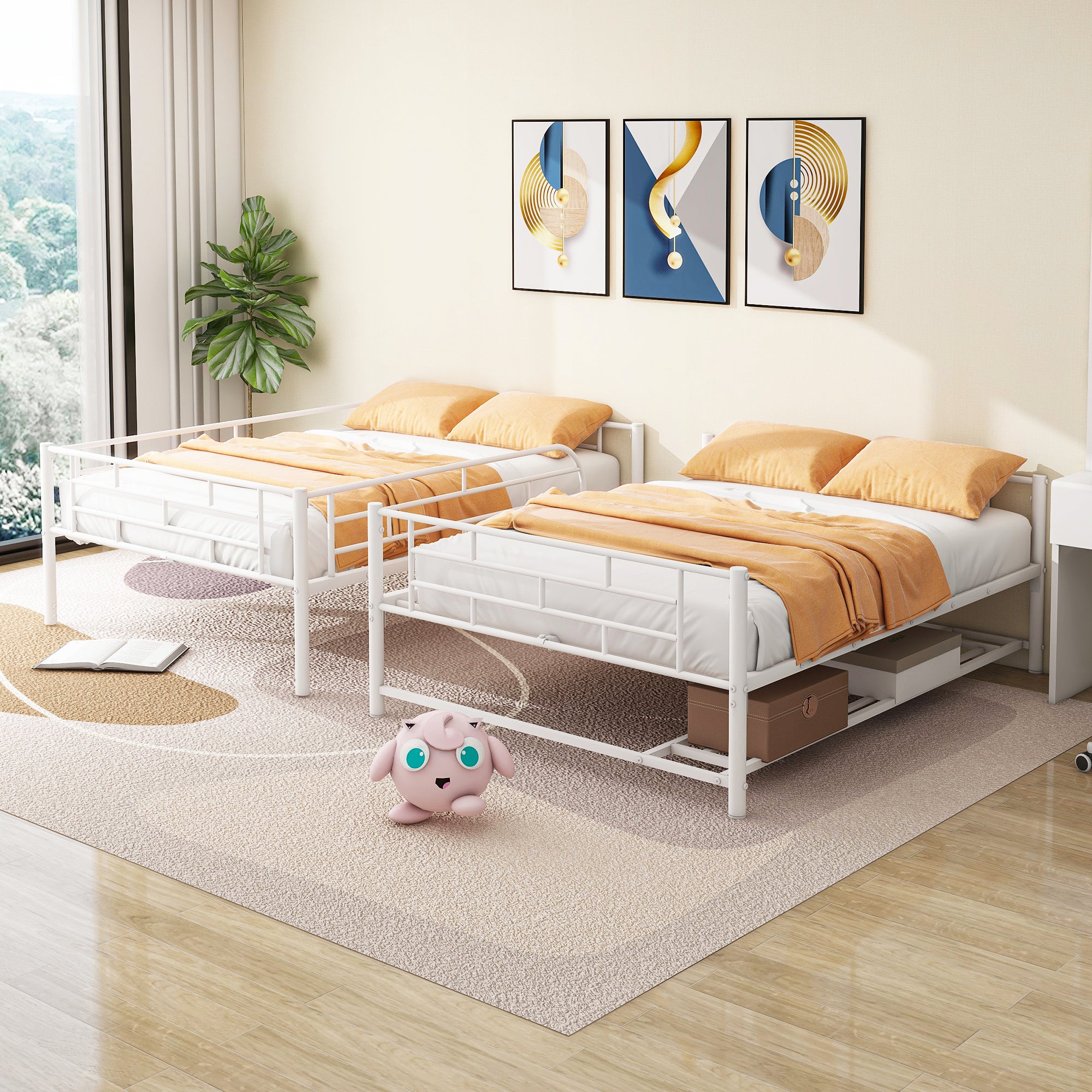 Full Over Full Metal Bunk Bed with Shelf and Guardrails, White - Atlantic Fine Furniture Melbourne FL