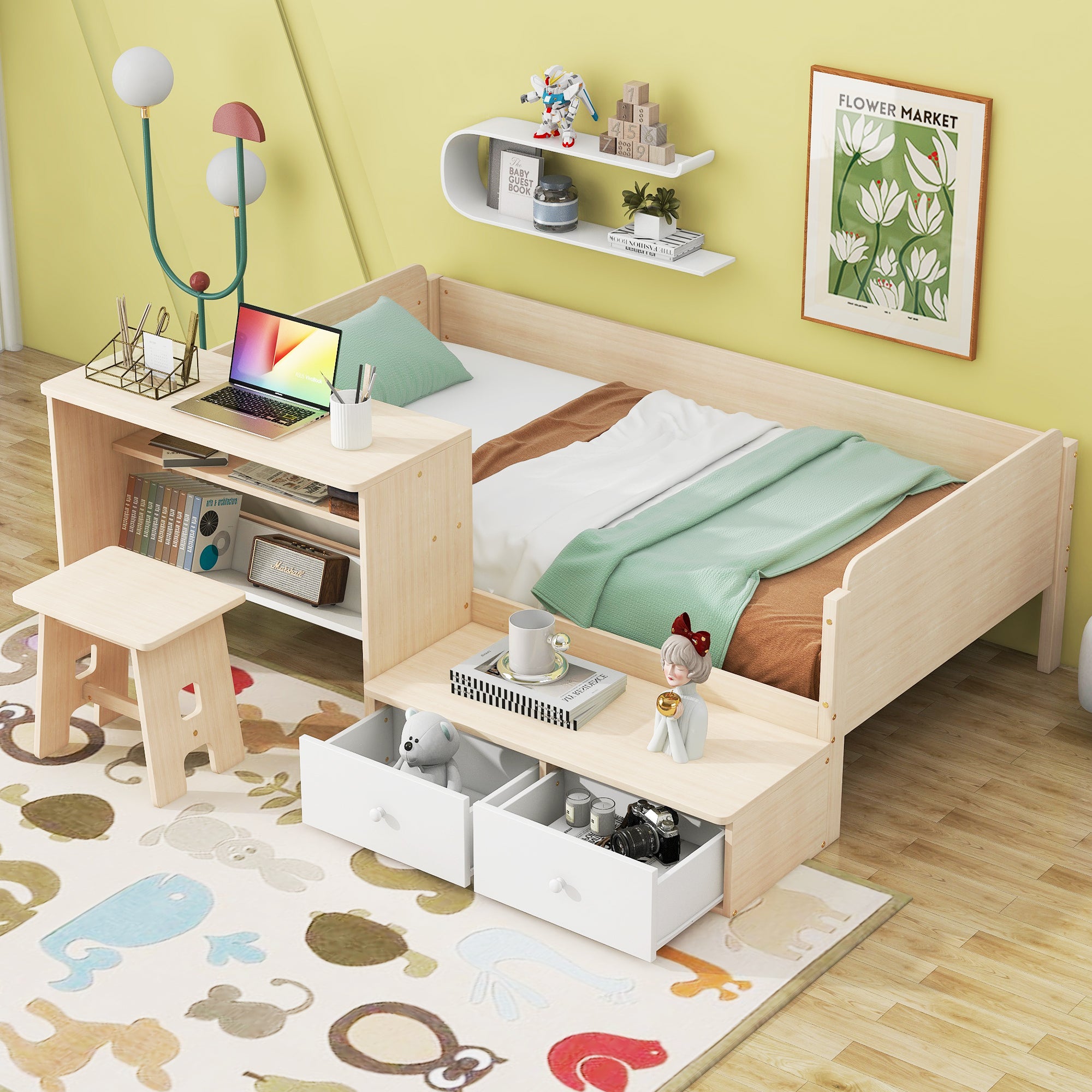 Wood Twin Size Platform Bed with 2 Drawers and 1 Chair&Desk Set, Natural+White - Atlantic Fine Furniture Melbourne FL