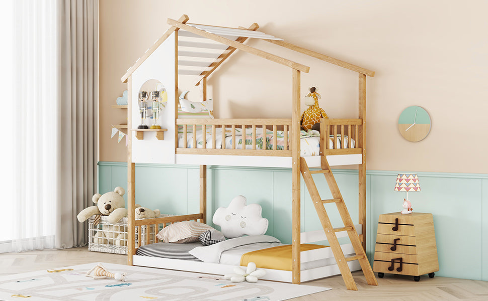 Twin Over Twin Bunk Bed Wood Bed with Roof, Window, Ladder,Natural(OLD SKU :LT100008AAD) - Atlantic Fine Furniture Melbourne FL