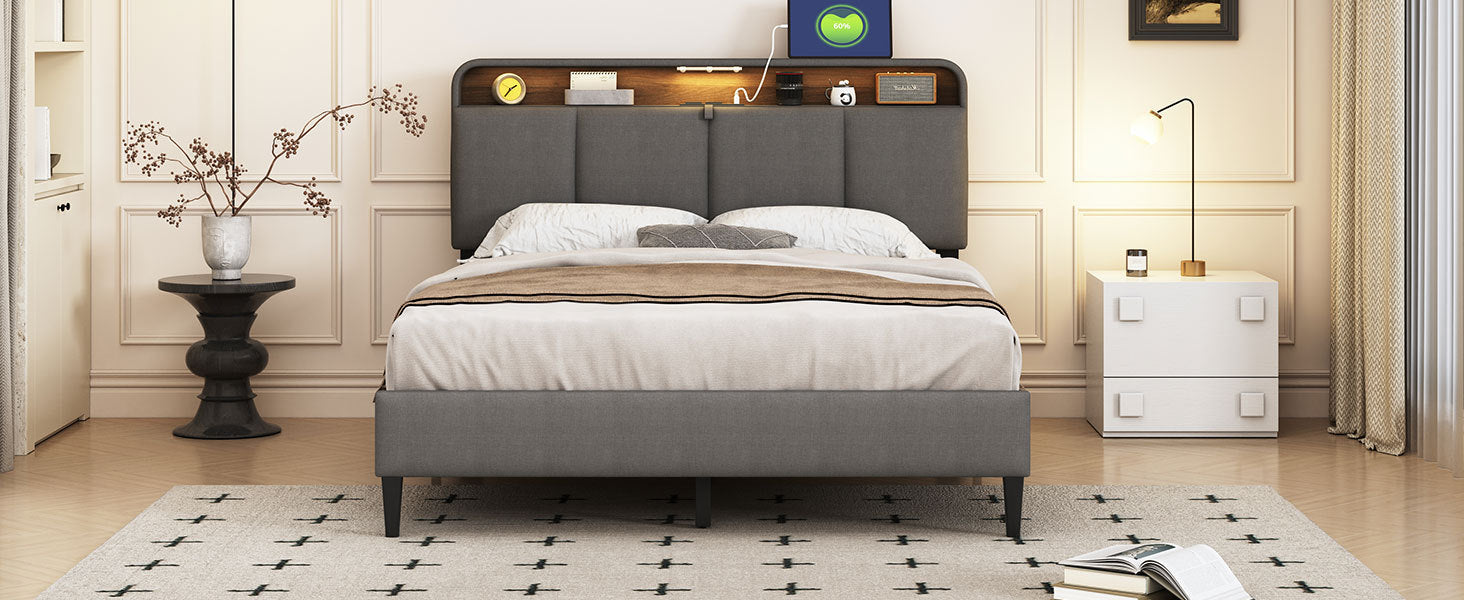 Full size Upholstered Platform Bed with Storage Headboard, Sensor Light and a set of Sockets and USB Ports, Linen Fabric, Gray - Atlantic Fine Furniture Melbourne FL