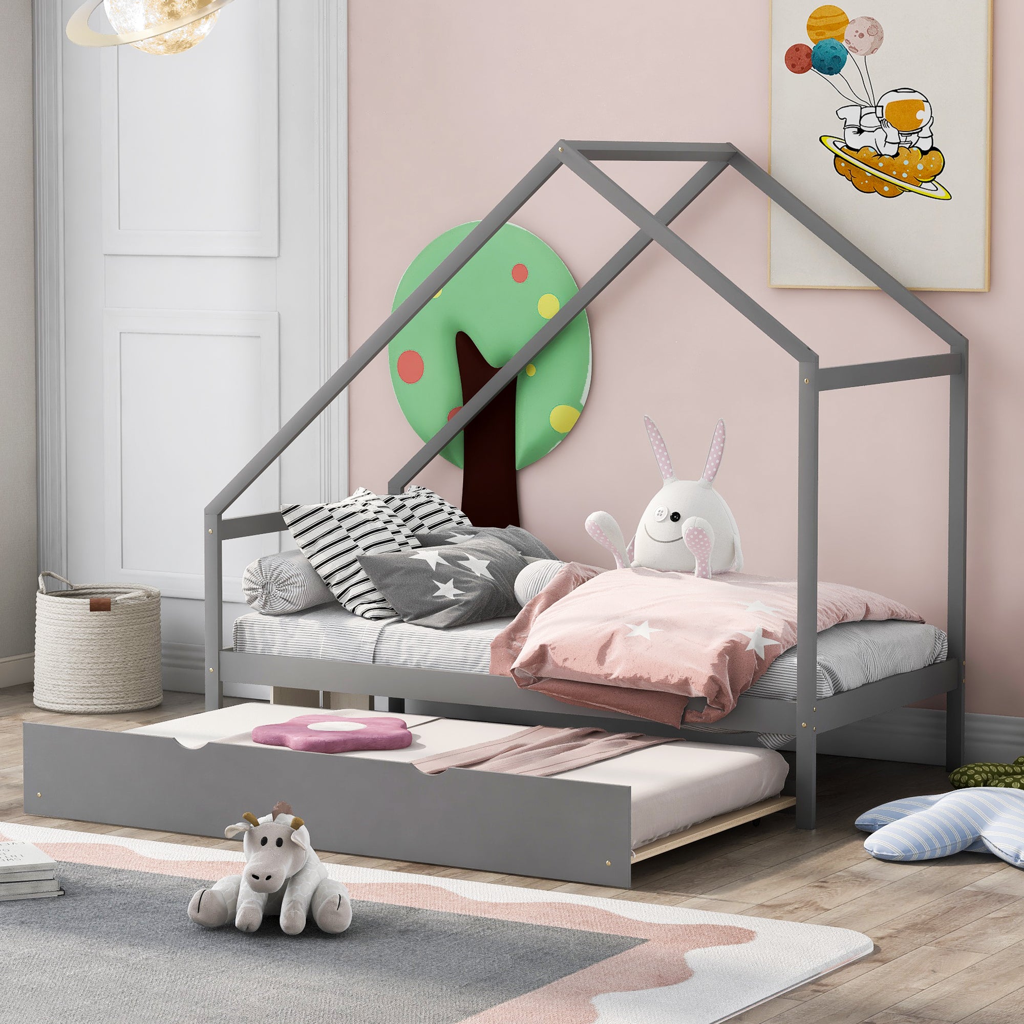 Twin Size Wooden House Bed With Twin Size Trundle, Gray - Atlantic Fine Furniture Melbourne FL