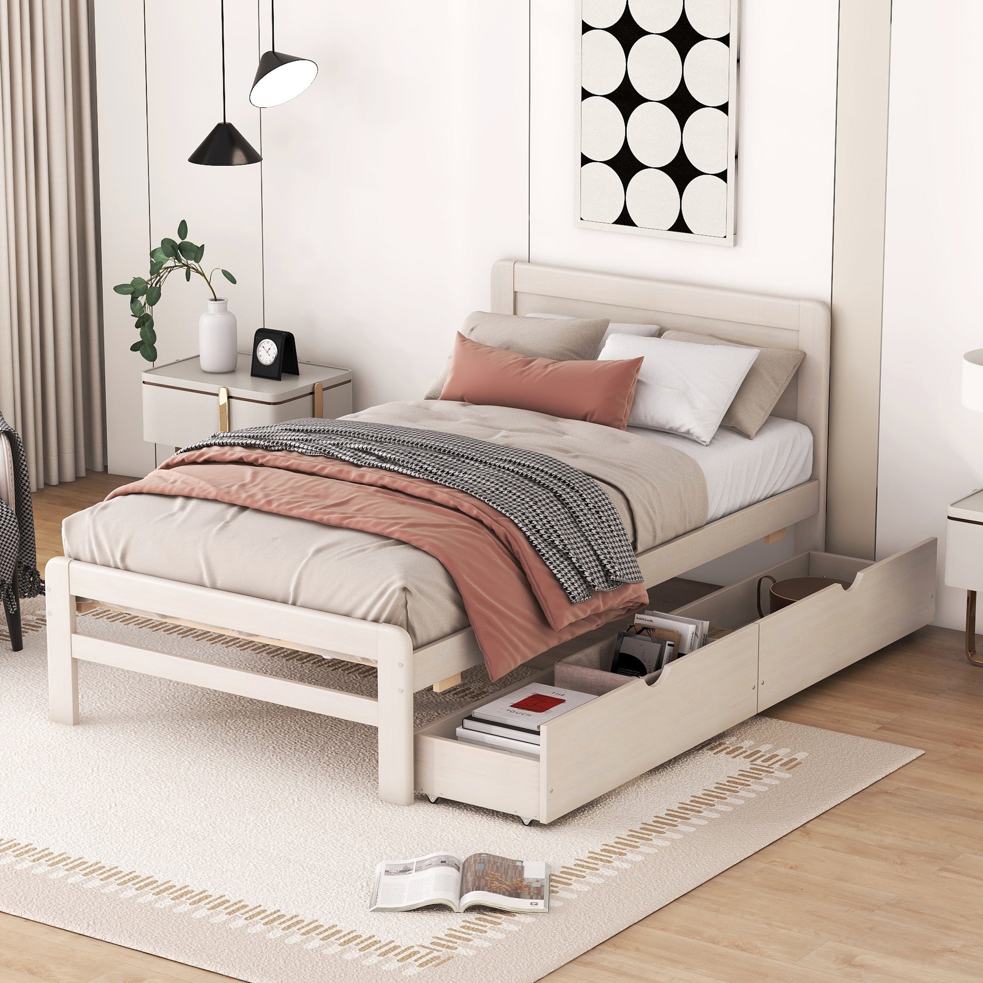 Modern Design Twin Size Platform Bed Frame with 2 Drawers for White Washed Color - Atlantic Fine Furniture Melbourne FL