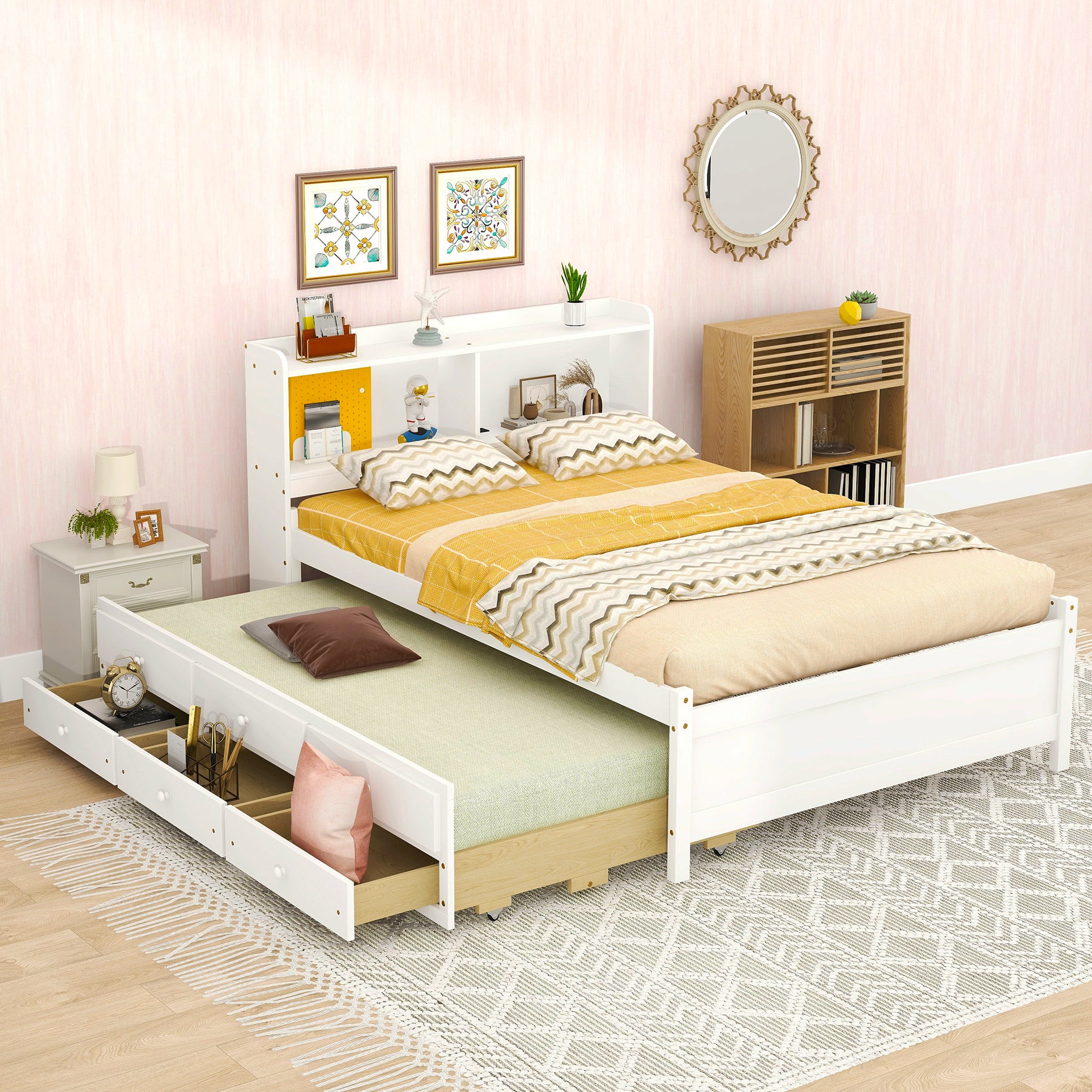 Full Size Bed with USB & Type-C Ports, LED light, Bookcase Headboard, Trundle and 3 Storage Drawers , Full Size Size Bed with Bookcase Headboard, Trundle and Storage drawers ,White - Atlantic Fine Furniture Melbourne FL