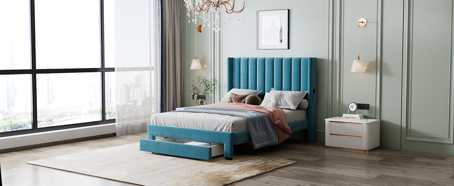 Full Size Storage Bed Velvet Upholstered Platform Bed with a Big Drawer - Blue - Atlantic Fine Furniture Melbourne FL
