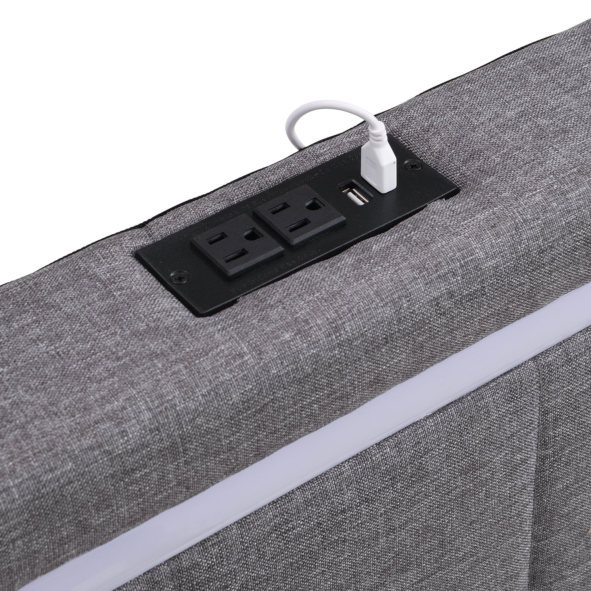 Queen Size Upholstered Bed with LED Light and 4 Drawers, Modern Platform Bed with a set of Sockets and USB Ports, Linen Fabric, Beige - Atlantic Fine Furniture Melbourne FL